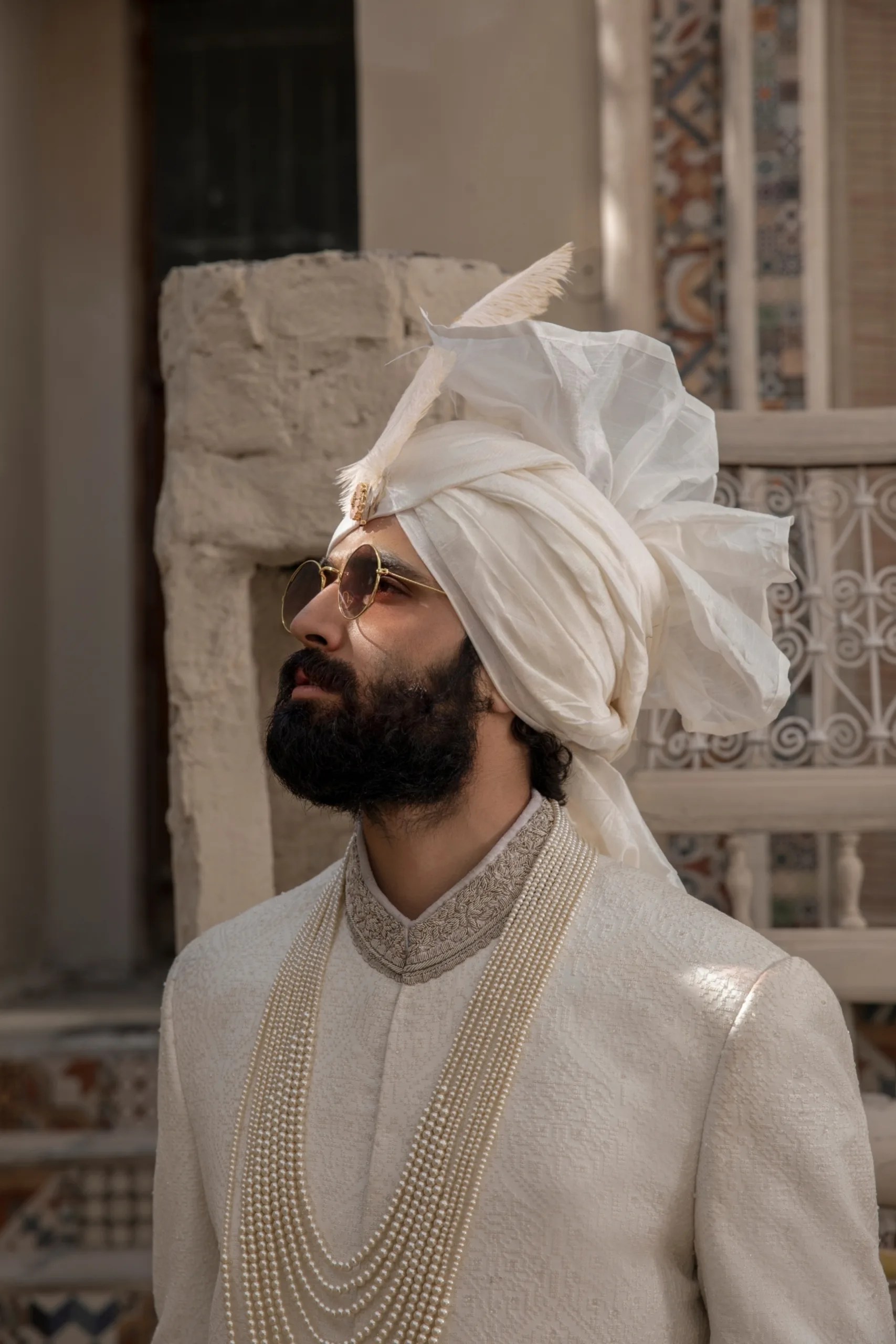 Off-White Gold Zari Silk-Blend Prince Coat (3-Piece) - Image 3