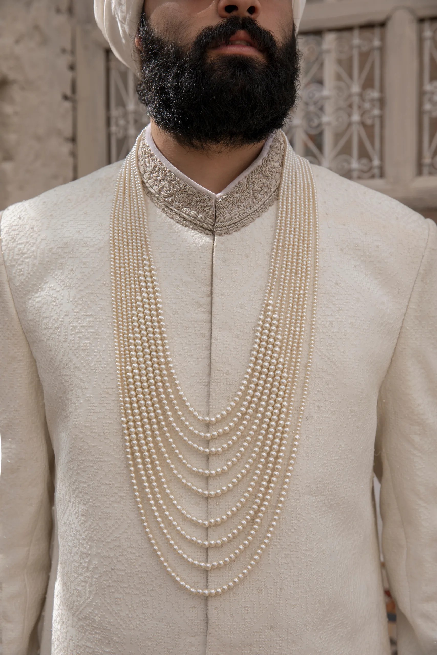 Off-White Gold Zari Silk-Blend Prince Coat (3-Piece) - Image 5