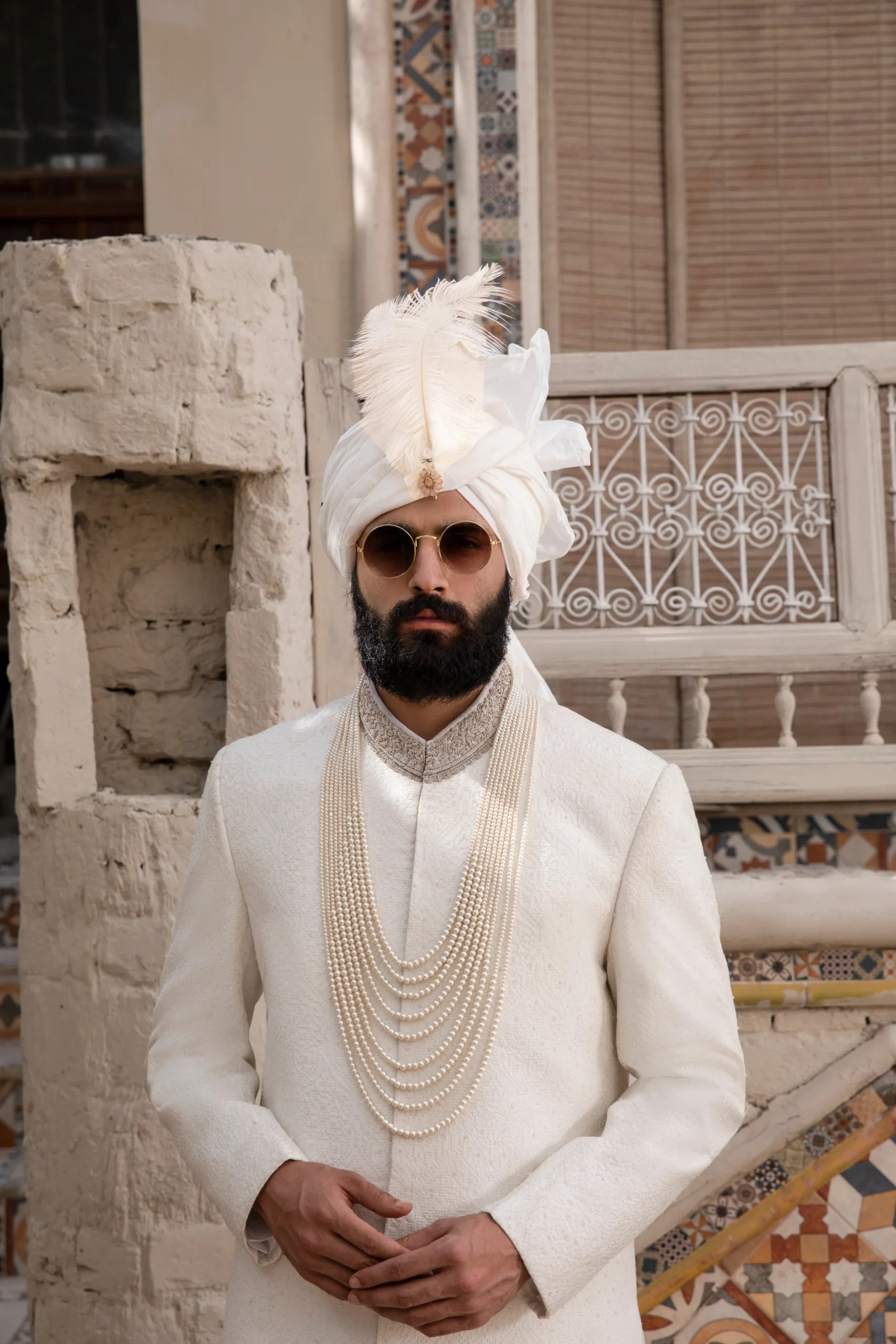 Off-White Gold Zari Silk-Blend Prince Coat (3-Piece) - Image 6