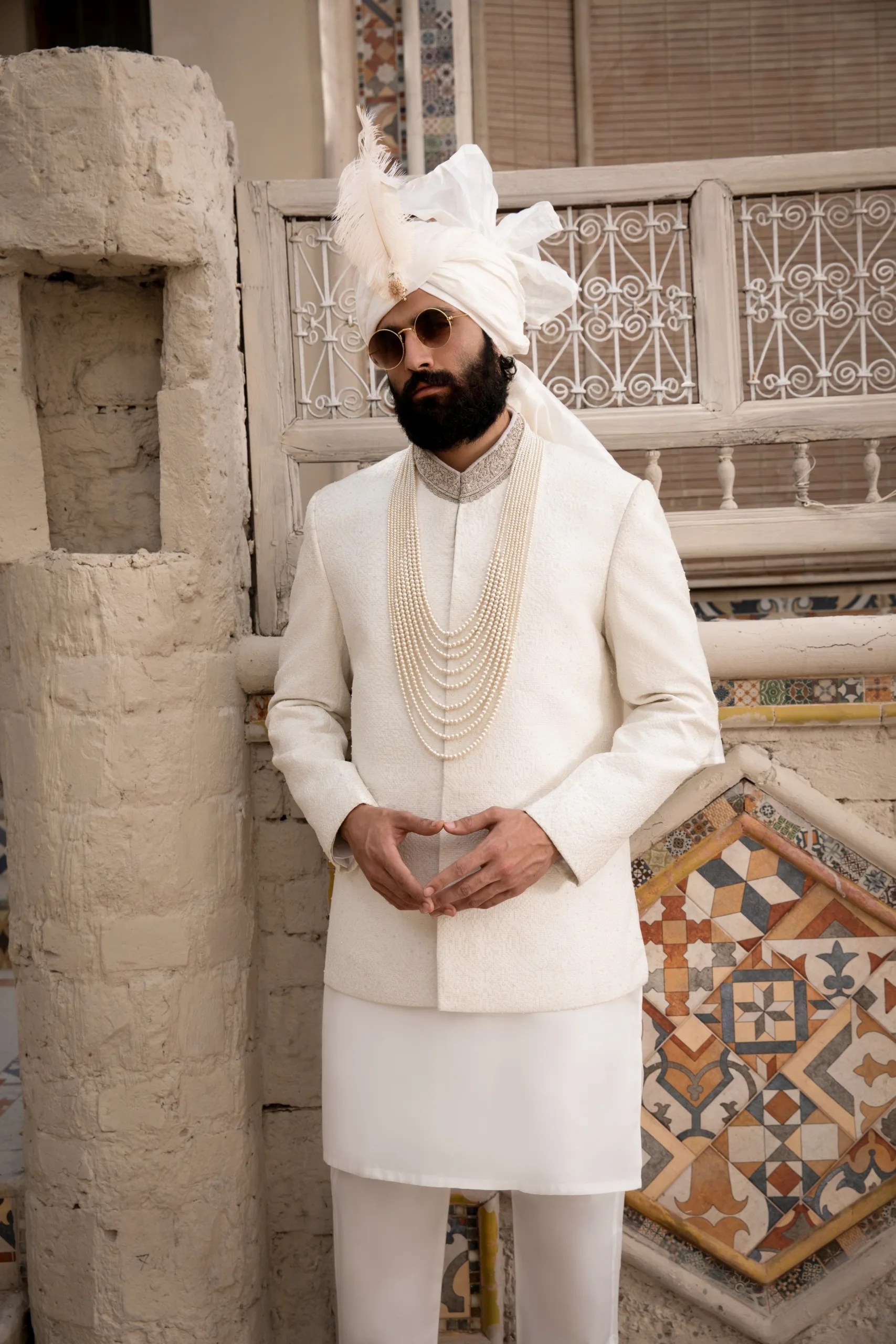 Off-White Gold Zari Silk-Blend Prince Coat (3-Piece) - Image 9