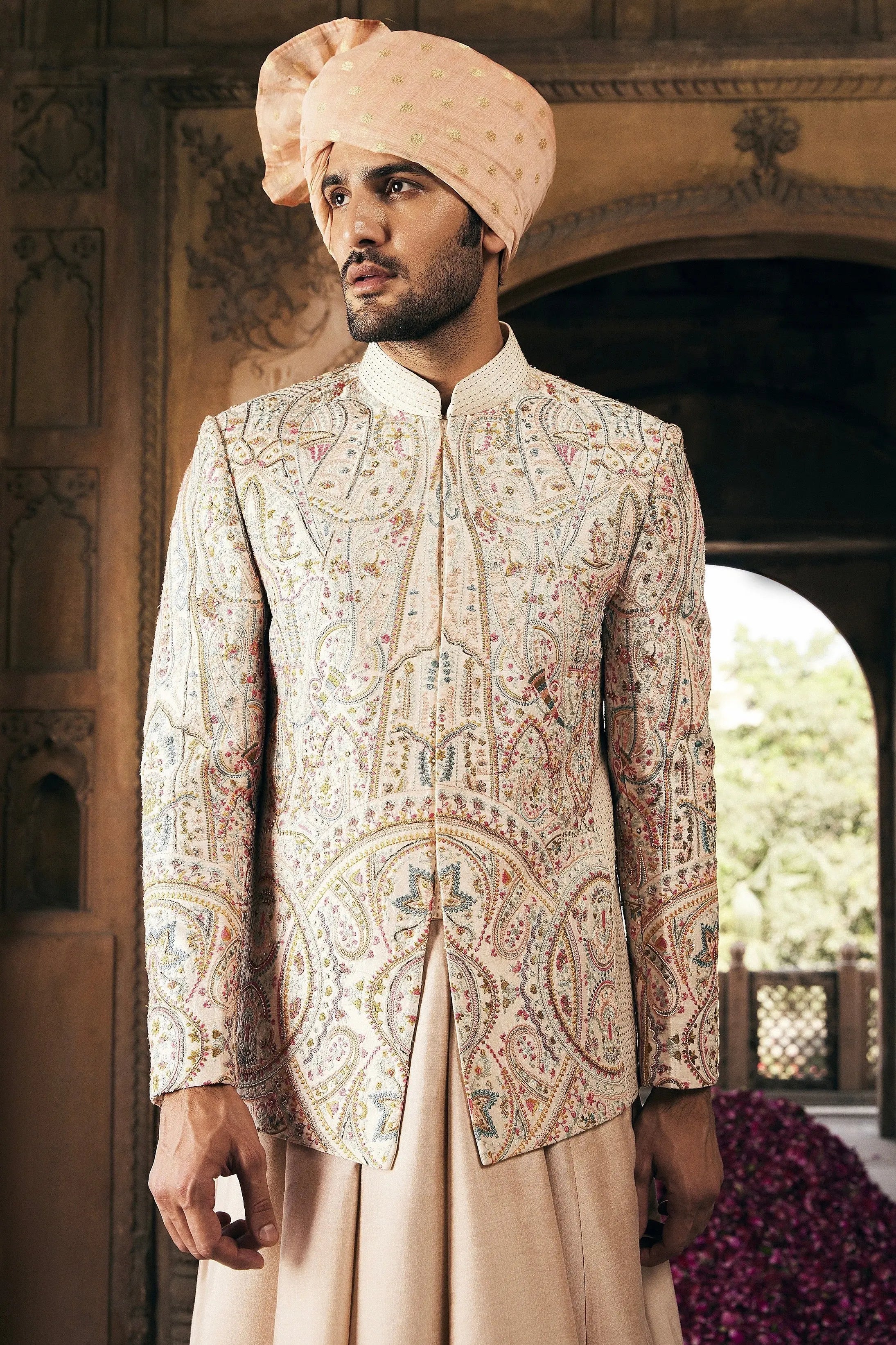 Cream Embroidered Silk Prince Coat (3-Piece) - Image 2