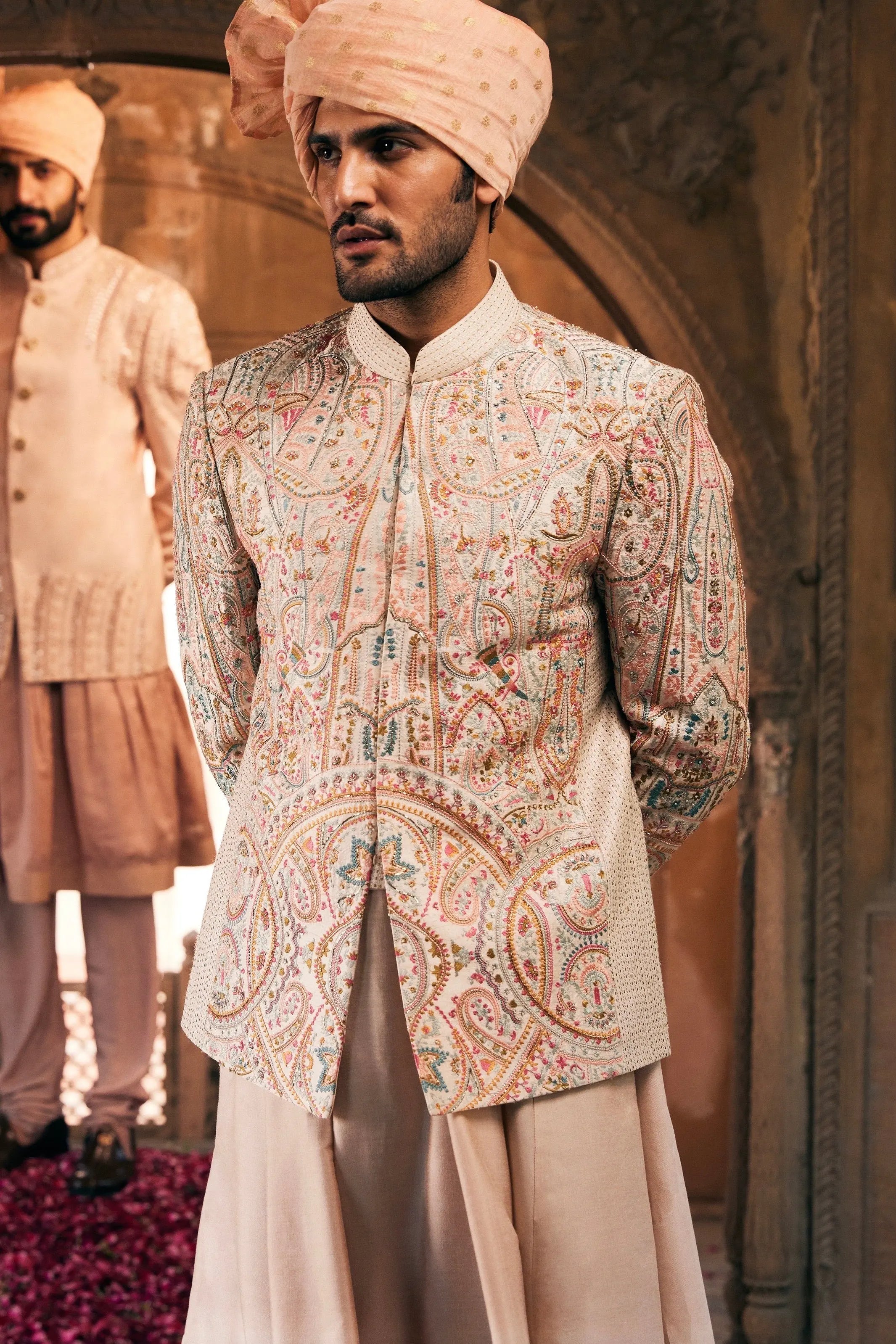 Cream Embroidered Silk Prince Coat (3-Piece) - Image 3