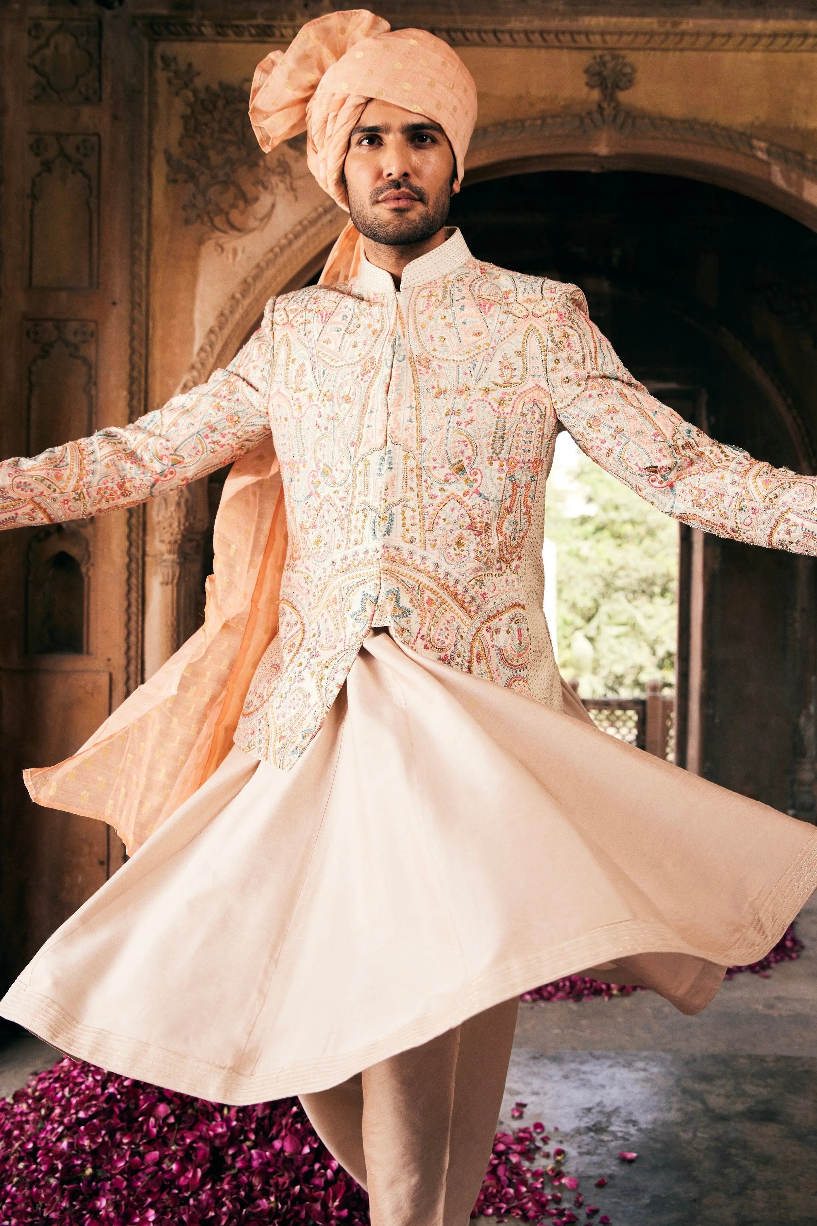 Cream Embroidered Silk Prince Coat (3-Piece) - Image 4