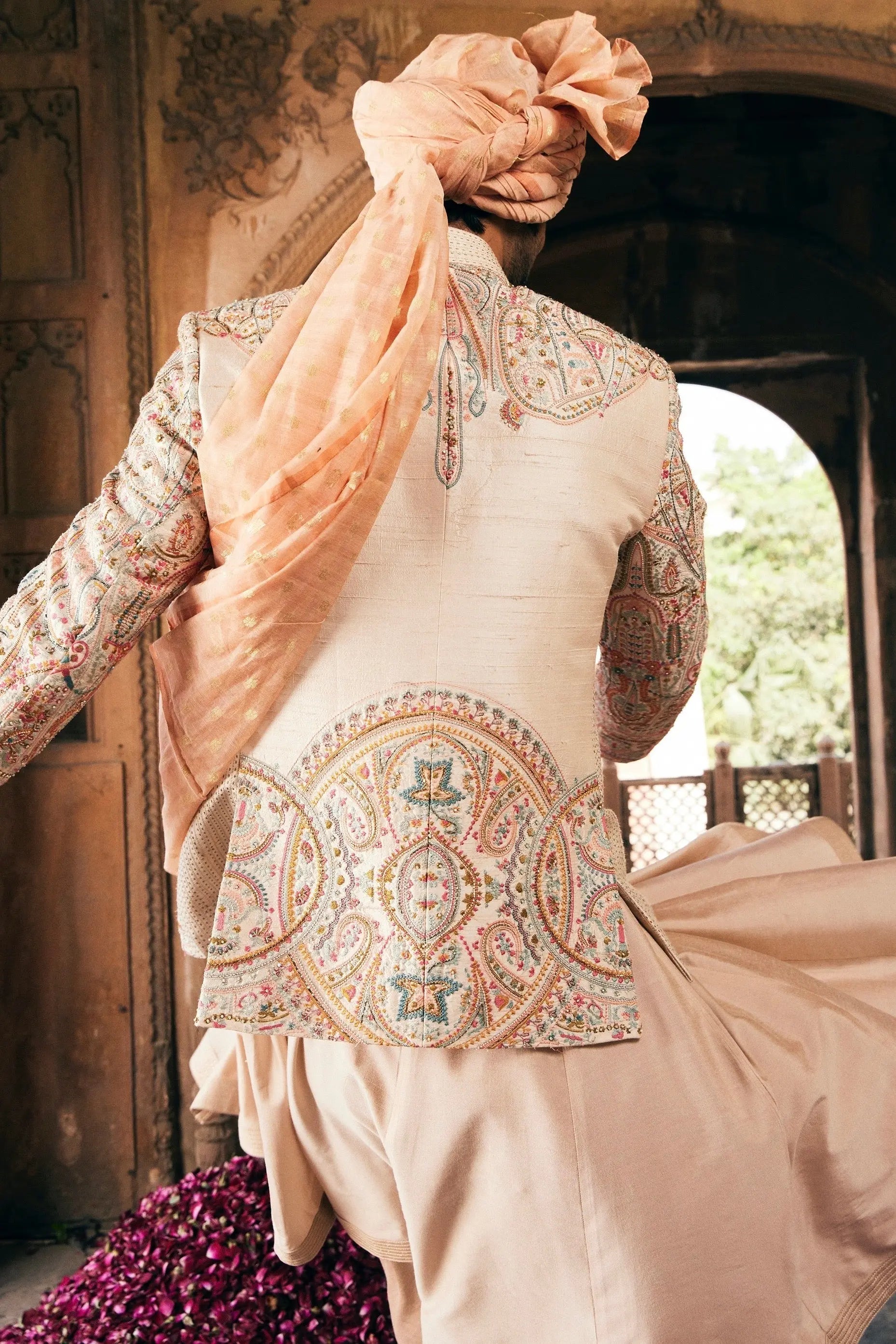 Cream Embroidered Silk Prince Coat (3-Piece) - Image 5