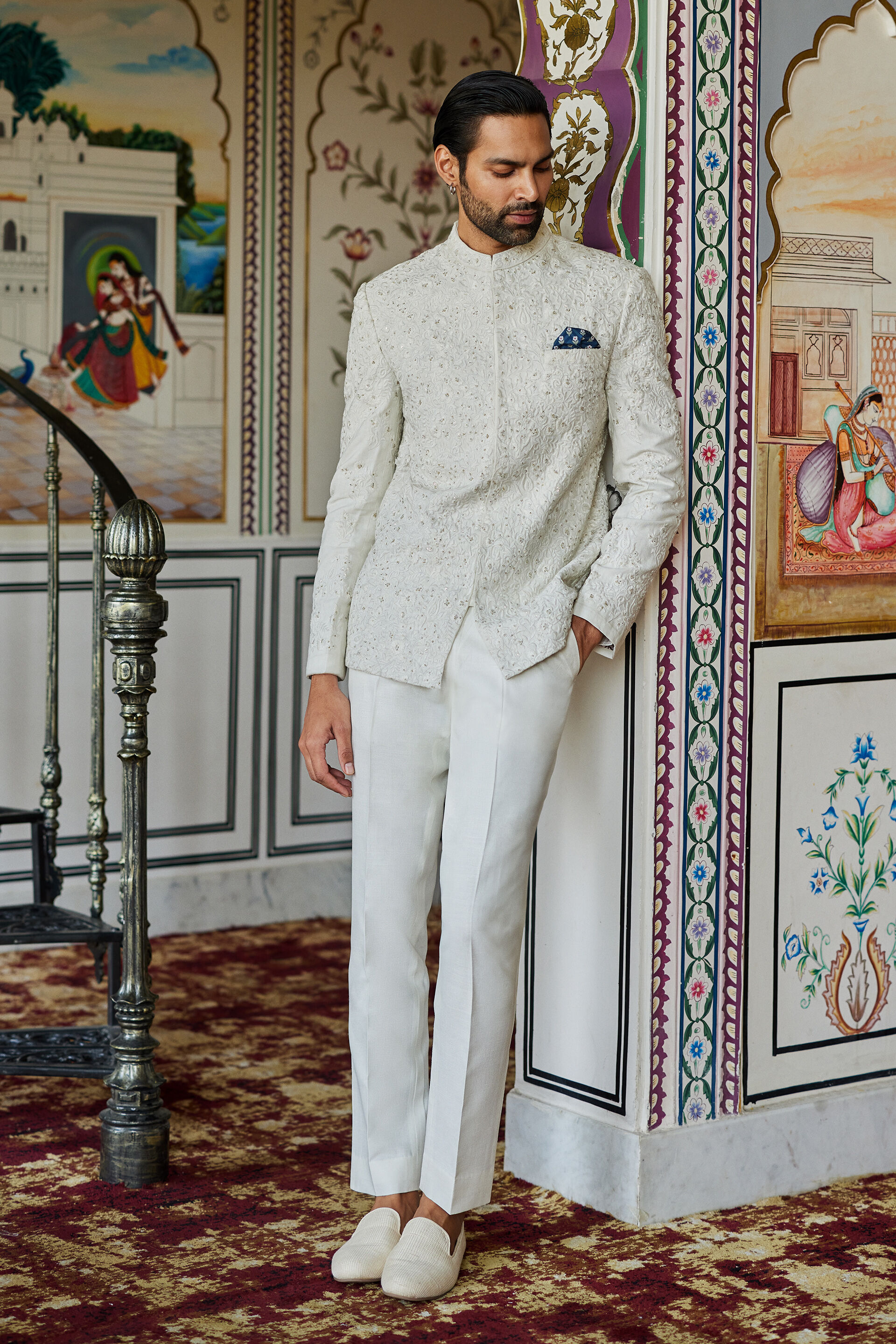 Off-White Hand-Embroidered Silk Bandhgala (2-Piece) - Image 1