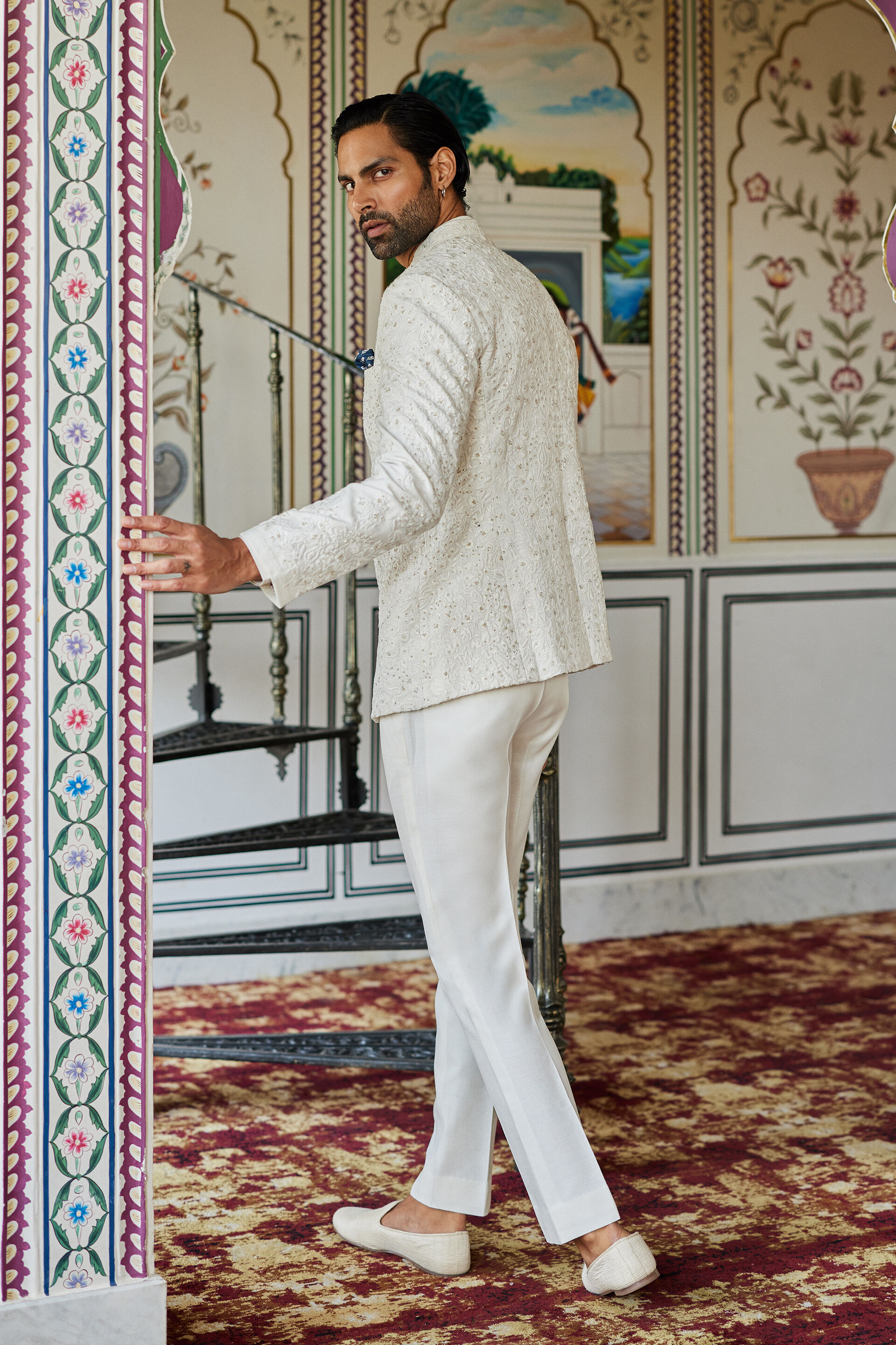 Off-White Hand-Embroidered Silk Bandhgala (2-Piece) - Image 2