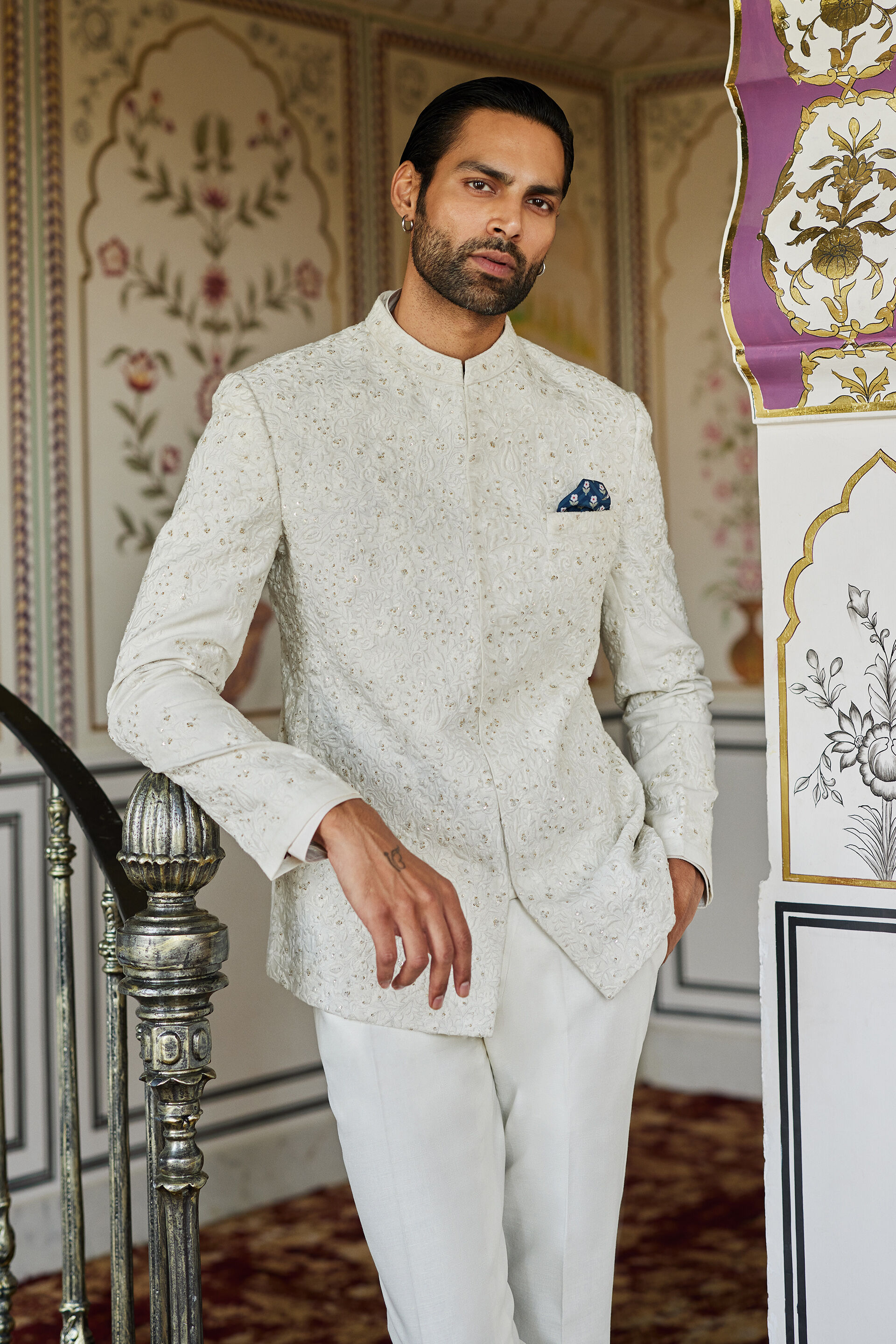 Off-White Hand-Embroidered Silk Bandhgala (2-Piece) - Image 3