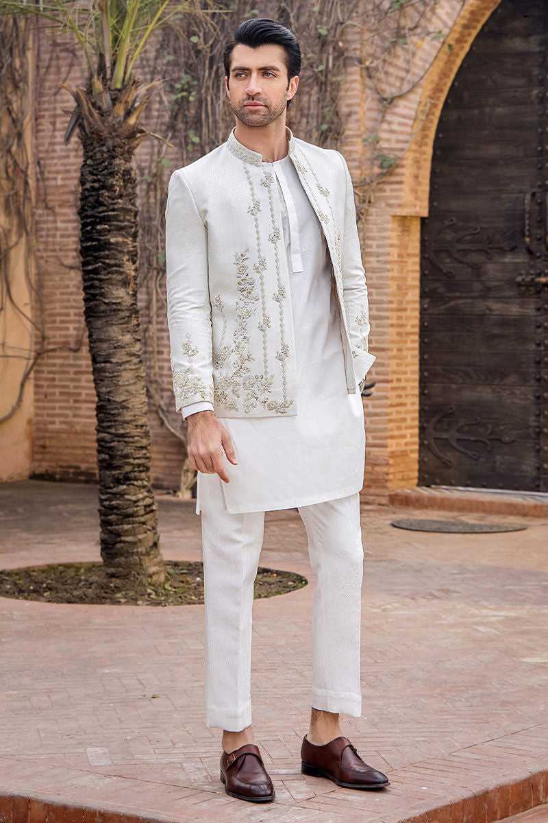 Ivory White Hand-Embroidered Silk Prince Coat (3-Piece) - Image 1