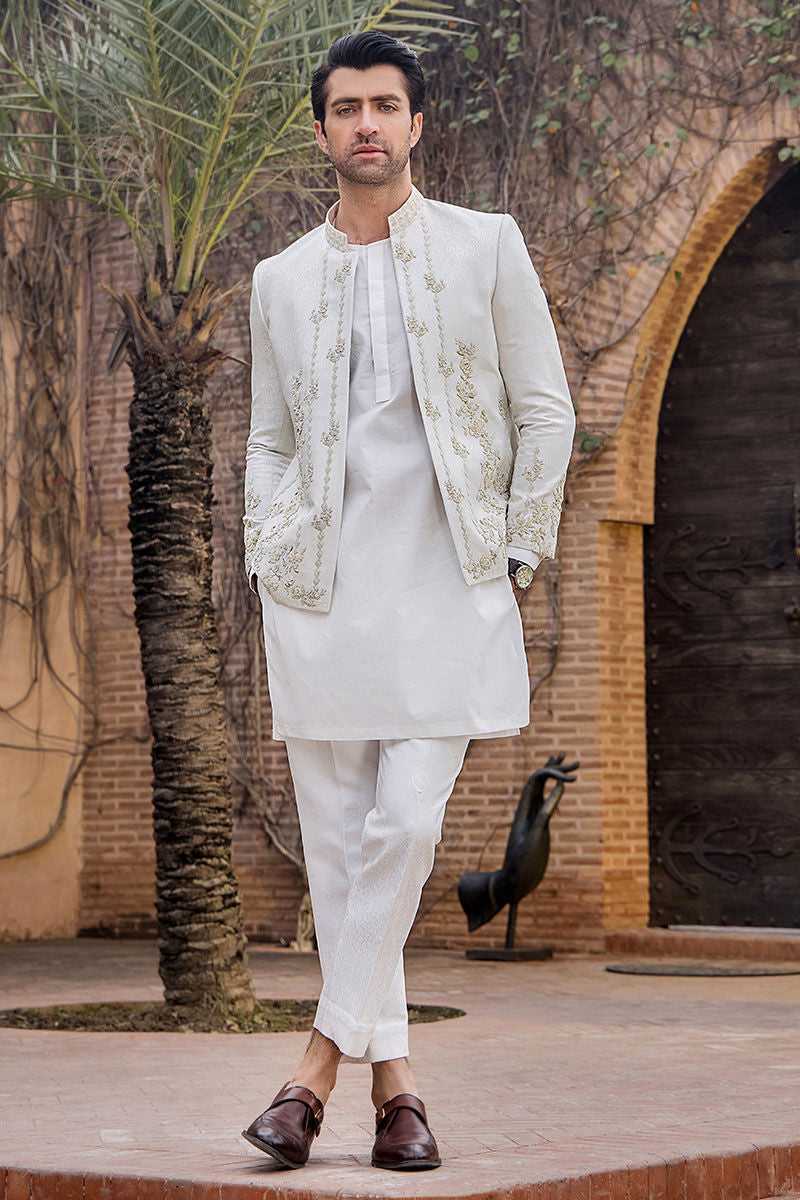 Ivory White Hand-Embroidered Silk Prince Coat (3-Piece) - Image 2