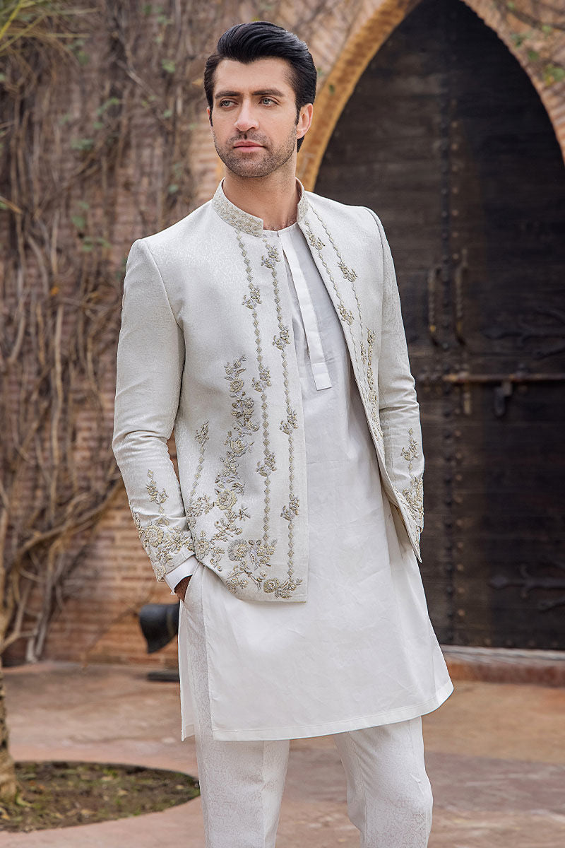 Ivory White Hand-Embroidered Silk Prince Coat (3-Piece) - Image 4