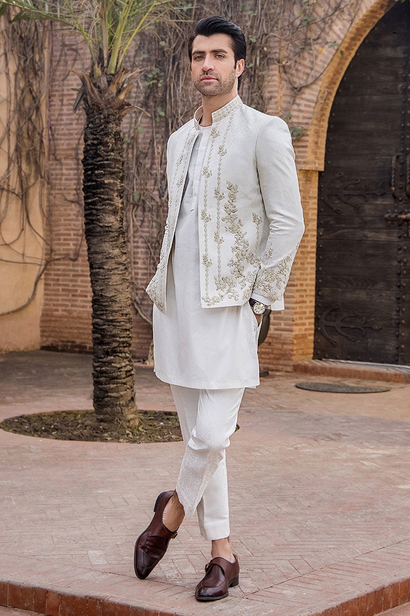 Ivory White Hand-Embroidered Silk Prince Coat (3-Piece) - Image 5