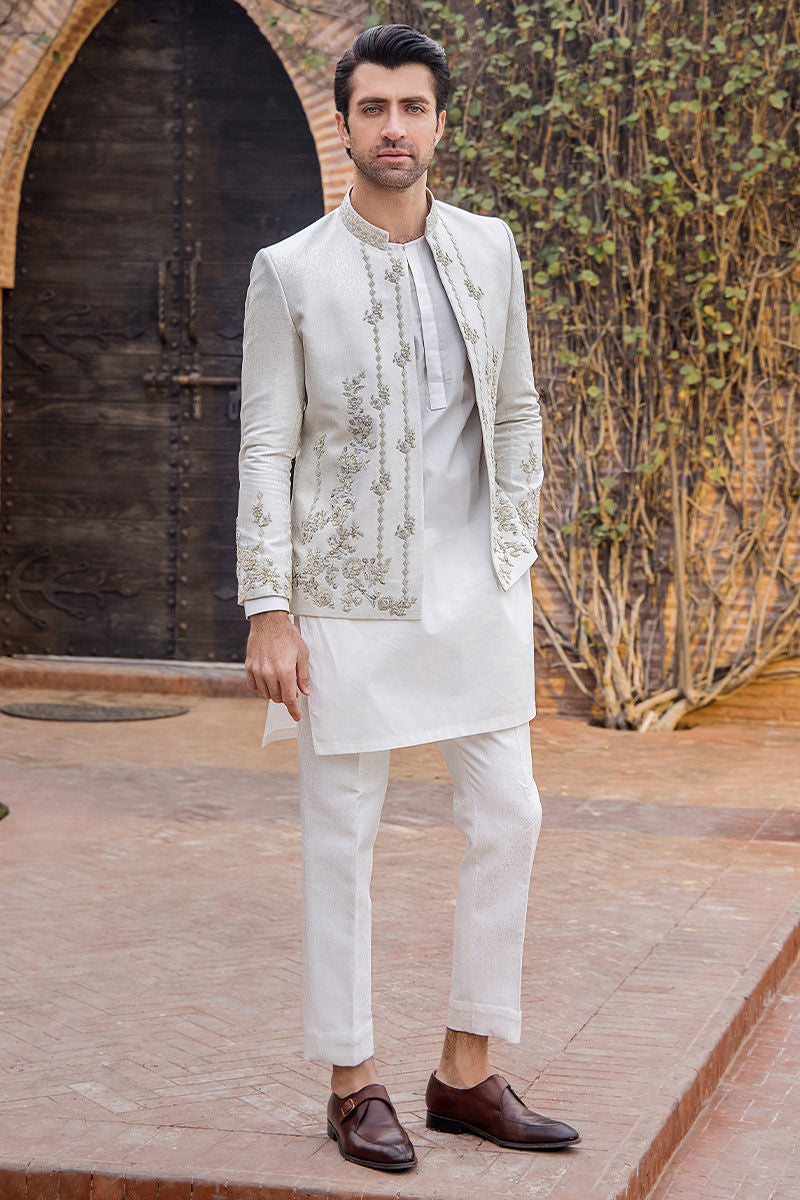 Ivory White Hand-Embroidered Silk Prince Coat (3-Piece) - Image 6