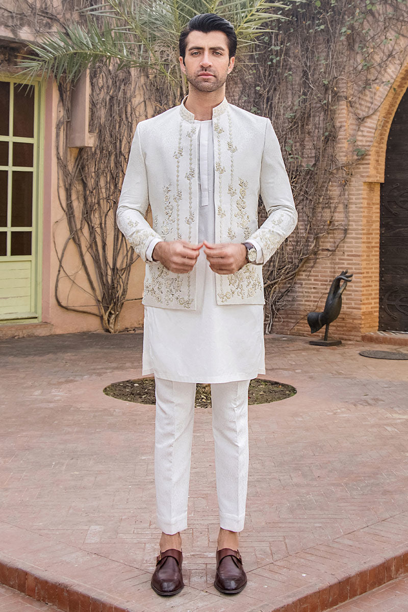 Ivory White Hand-Embroidered Silk Prince Coat (3-Piece) - Image 8