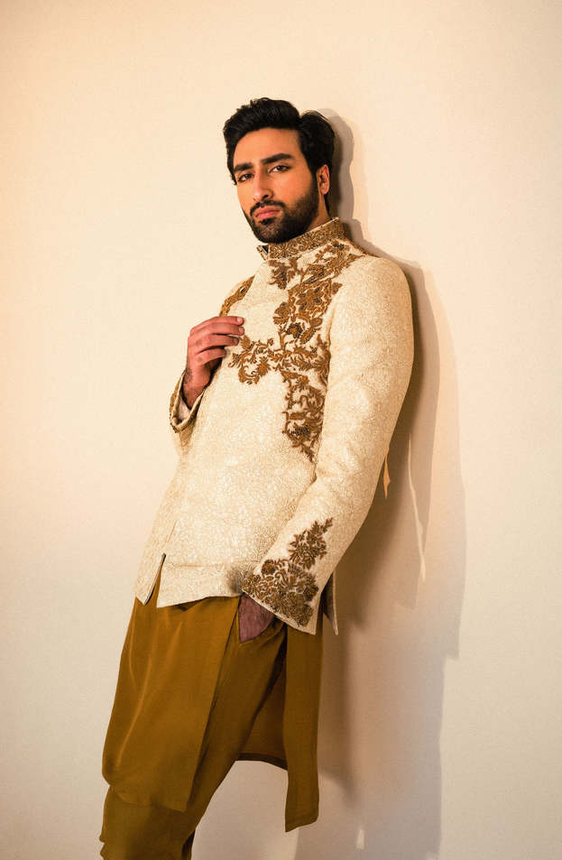 Off White Embroidered Silk Jacquard Prince Coat (3-Piece) - Image 1