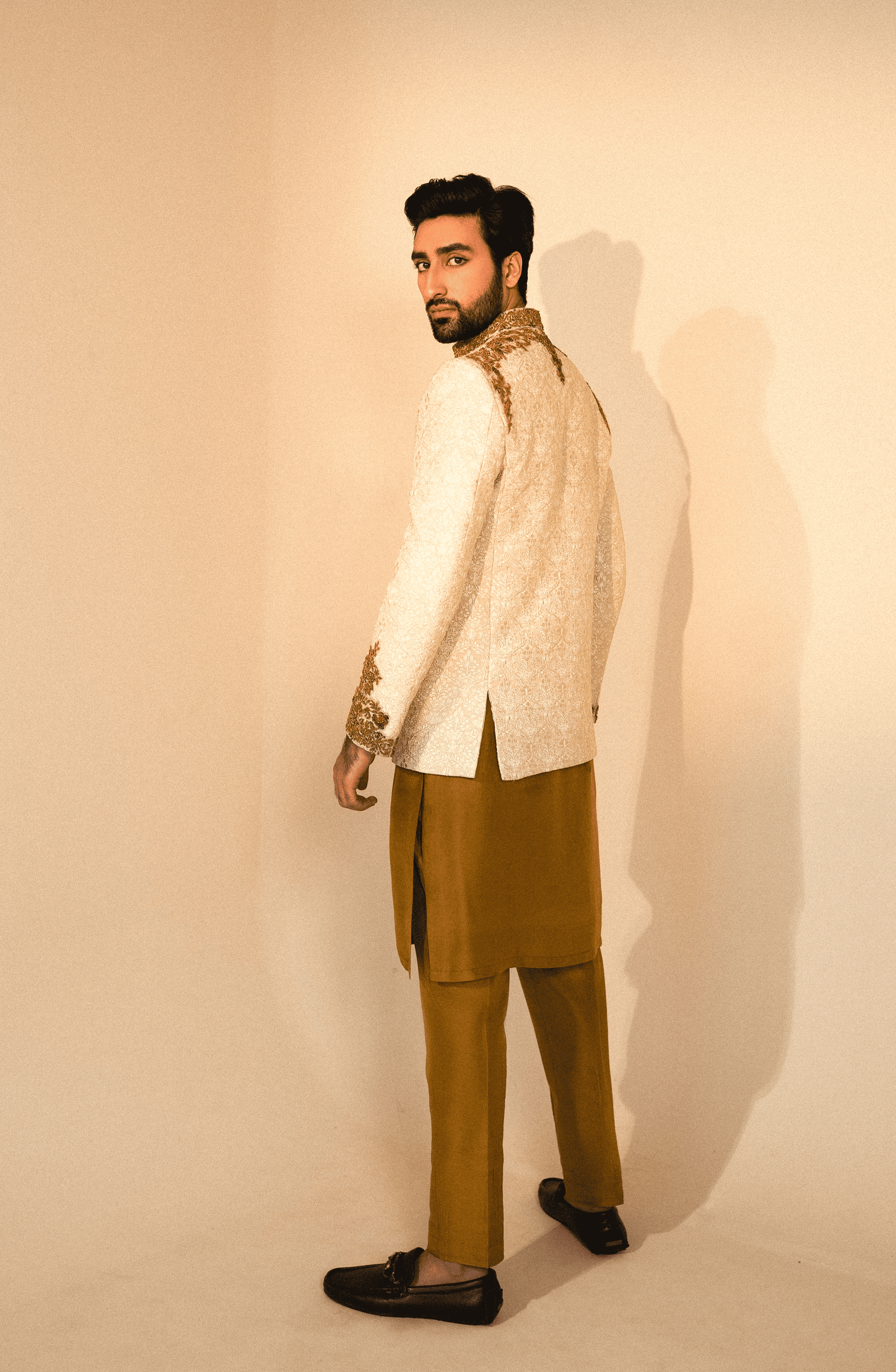 Off White Embroidered Silk Jacquard Prince Coat (3-Piece) - Image 3