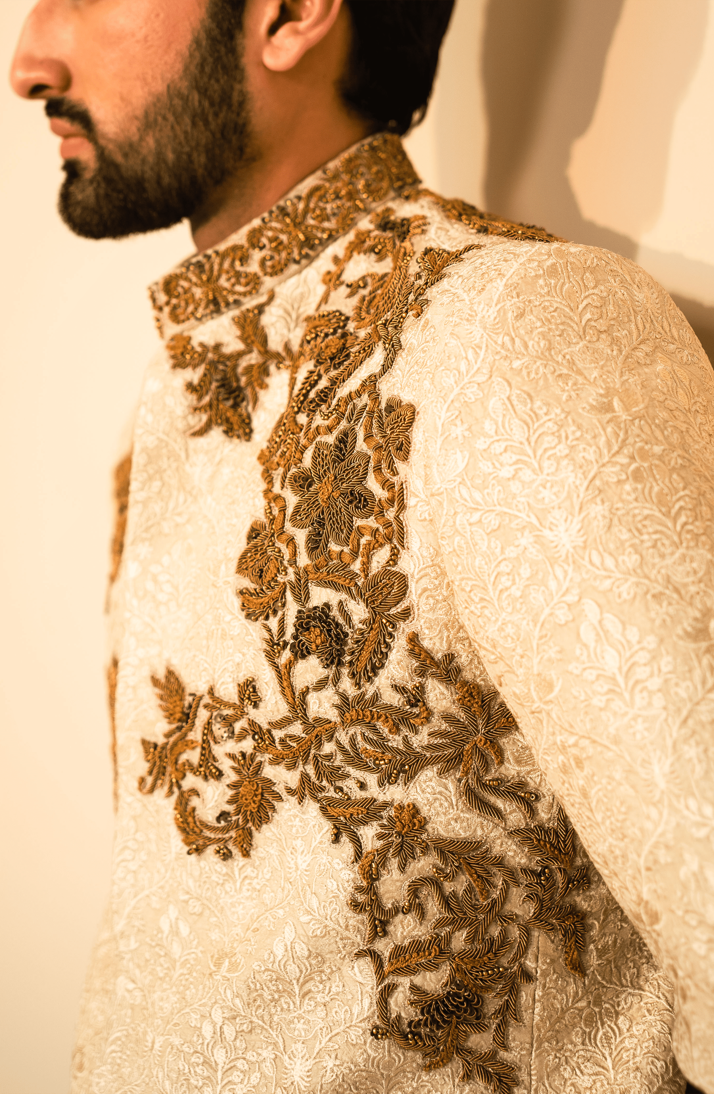 Off White Embroidered Silk Jacquard Prince Coat (3-Piece) - Image 4