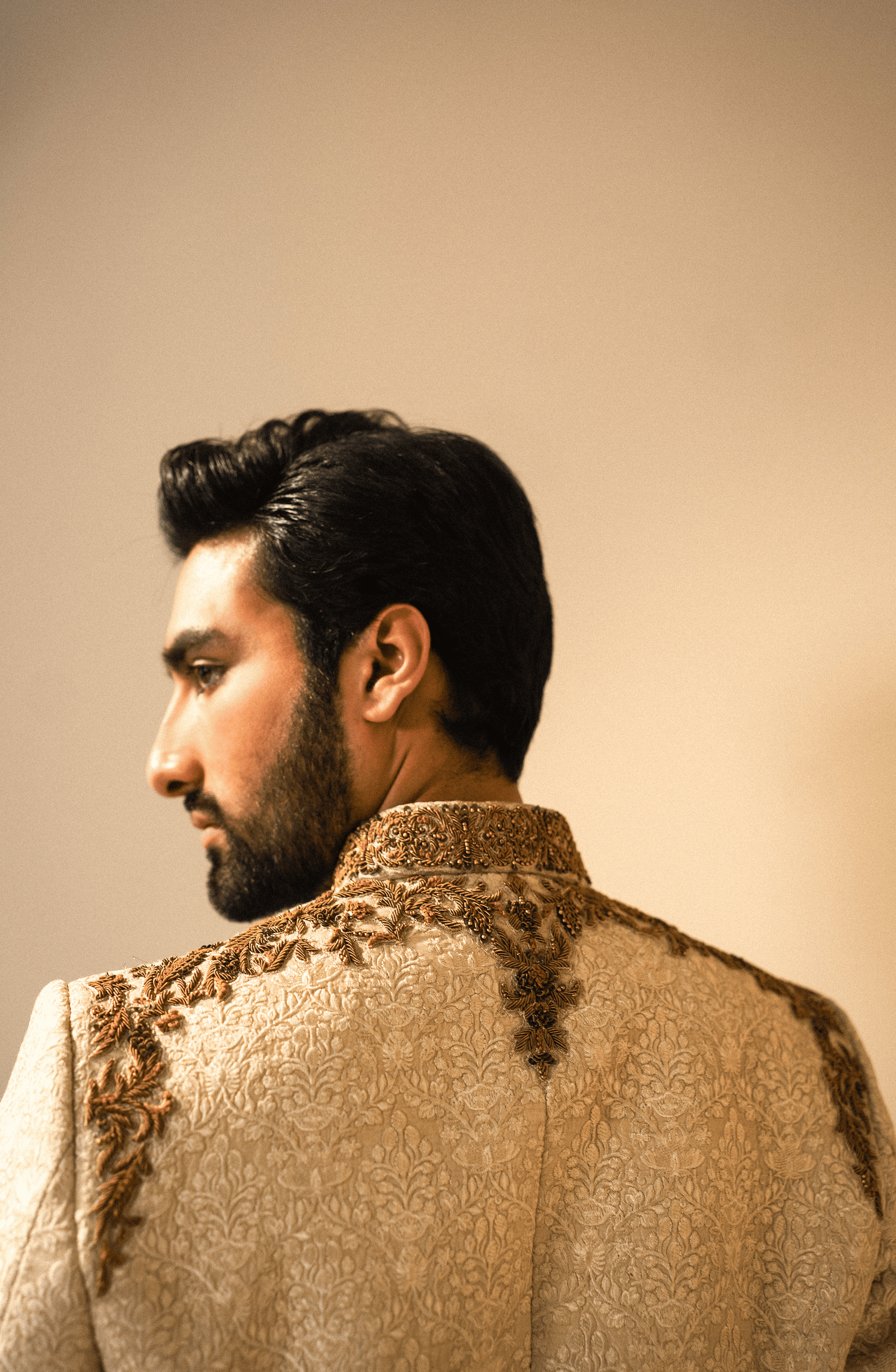 Off White Embroidered Silk Jacquard Prince Coat (3-Piece) - Image 5