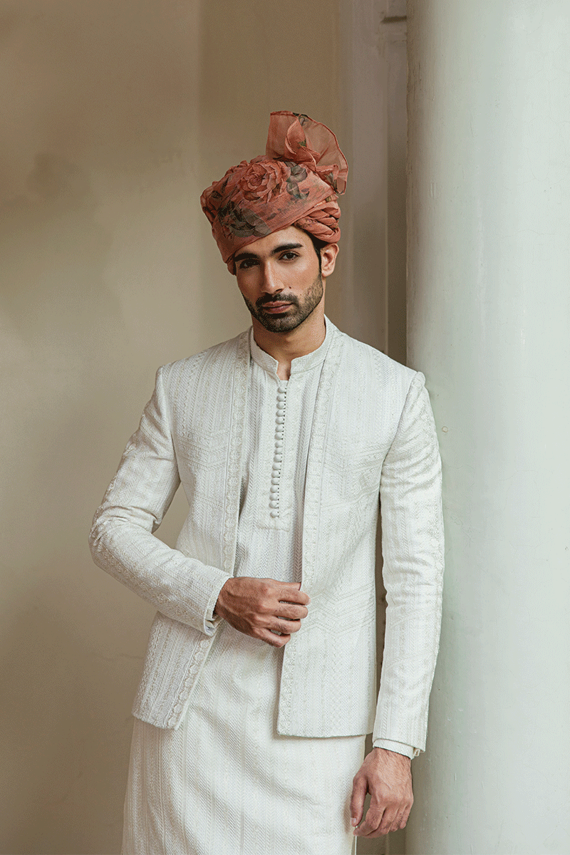 Ivory White Geometric Embroidered Silk-Blend Prince Coat (4-Piece) - Image 1