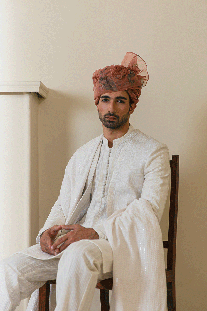 Ivory White Geometric Embroidered Silk-Blend Prince Coat (4-Piece) - Image 3