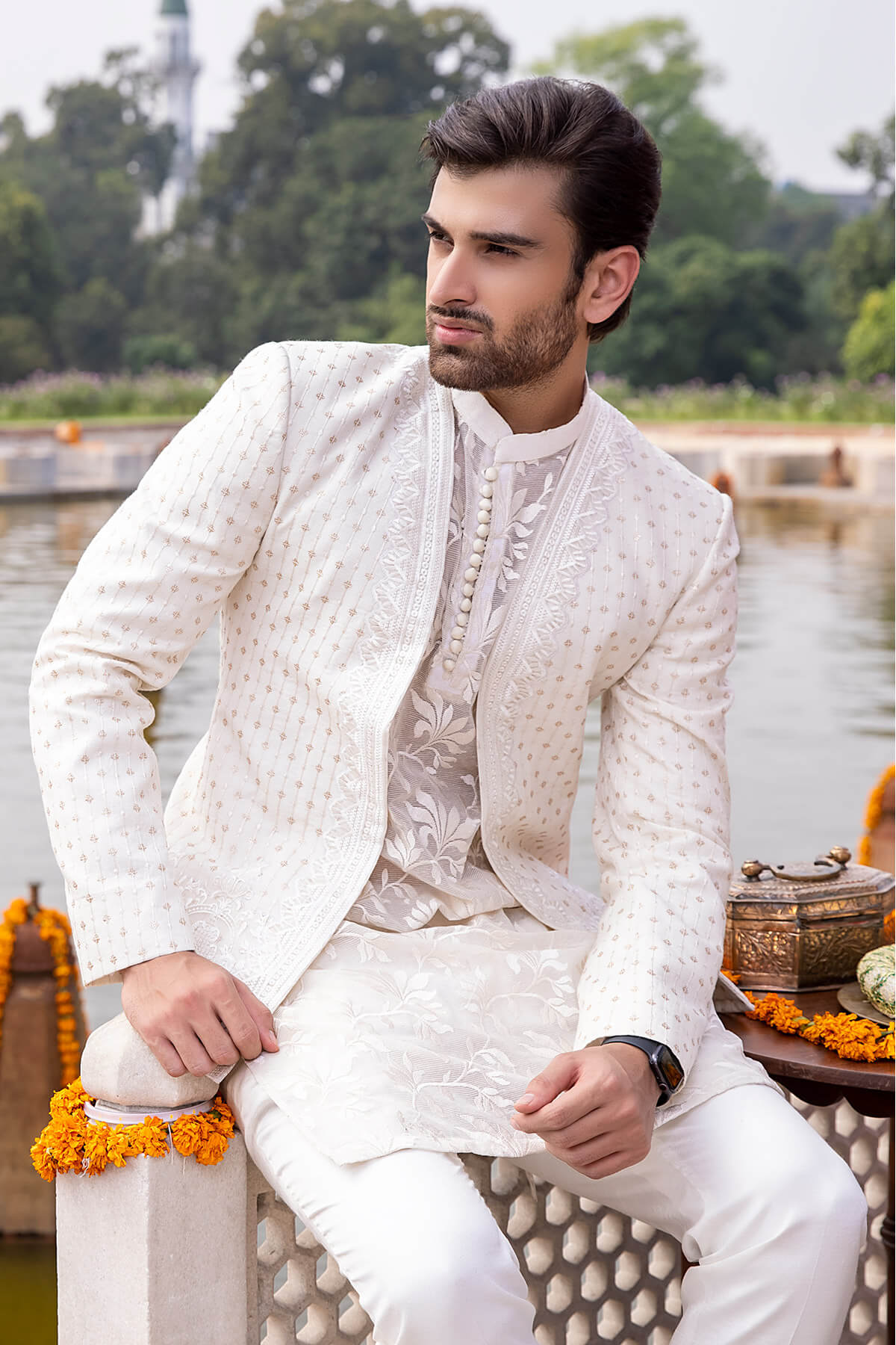 Ivory Embroidered Silk & Organza Prince Coat (3-Piece) - Image 4