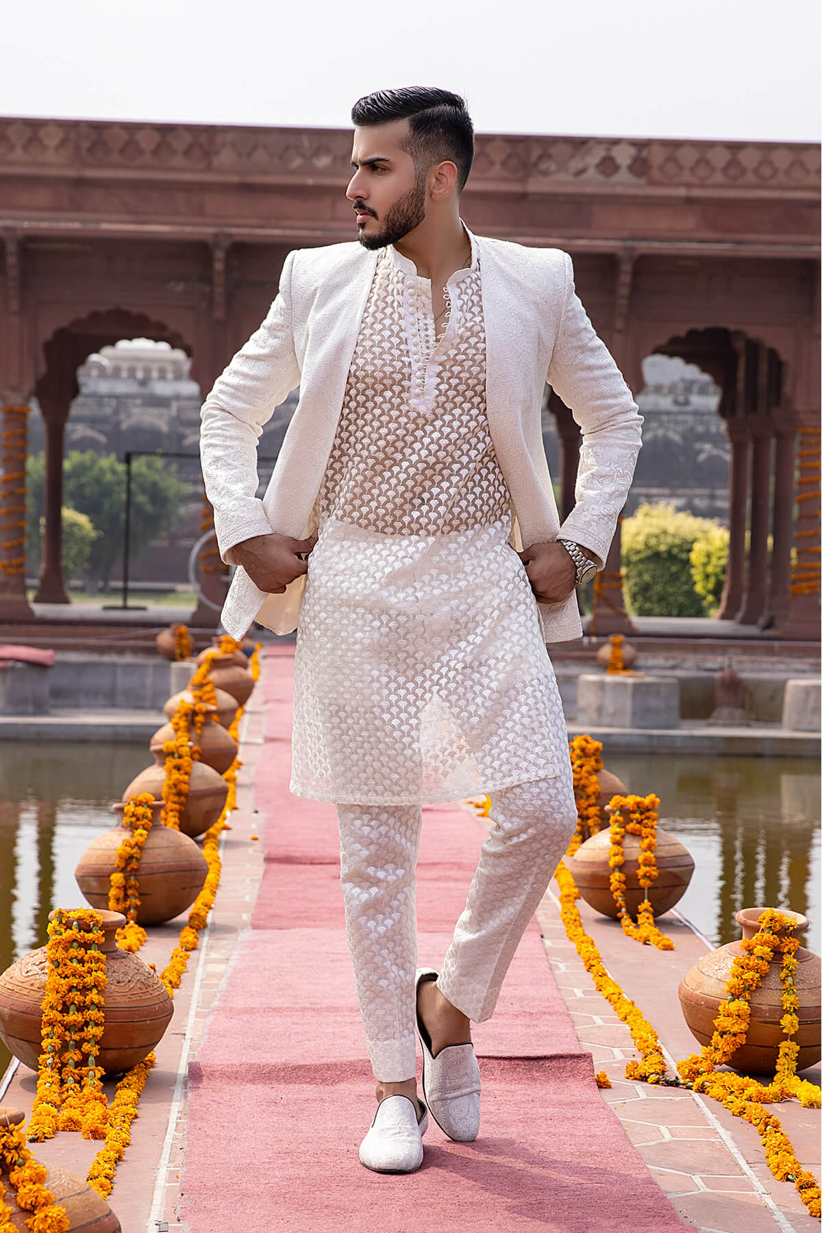 Ivory Embroidered Silk & Organza Prince Coat (4-Piece) - Image 2