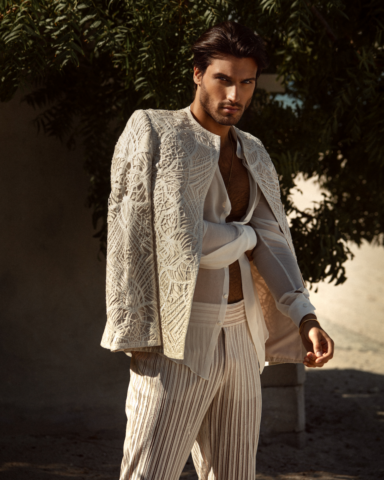 Ivory Embroidered Textured Prince Coat (3-Piece) - Image 1