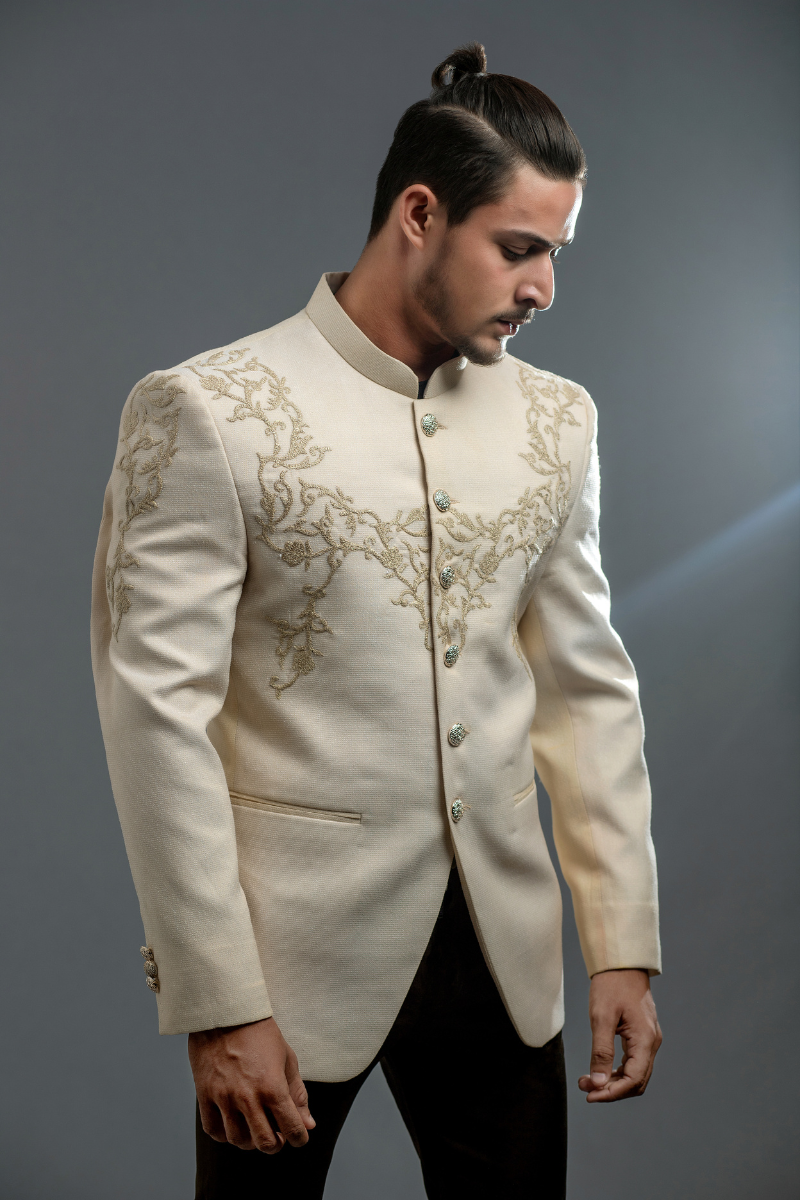 Ivory Embroidered Suiting Prince Coat (2-Piece) - Image 3
