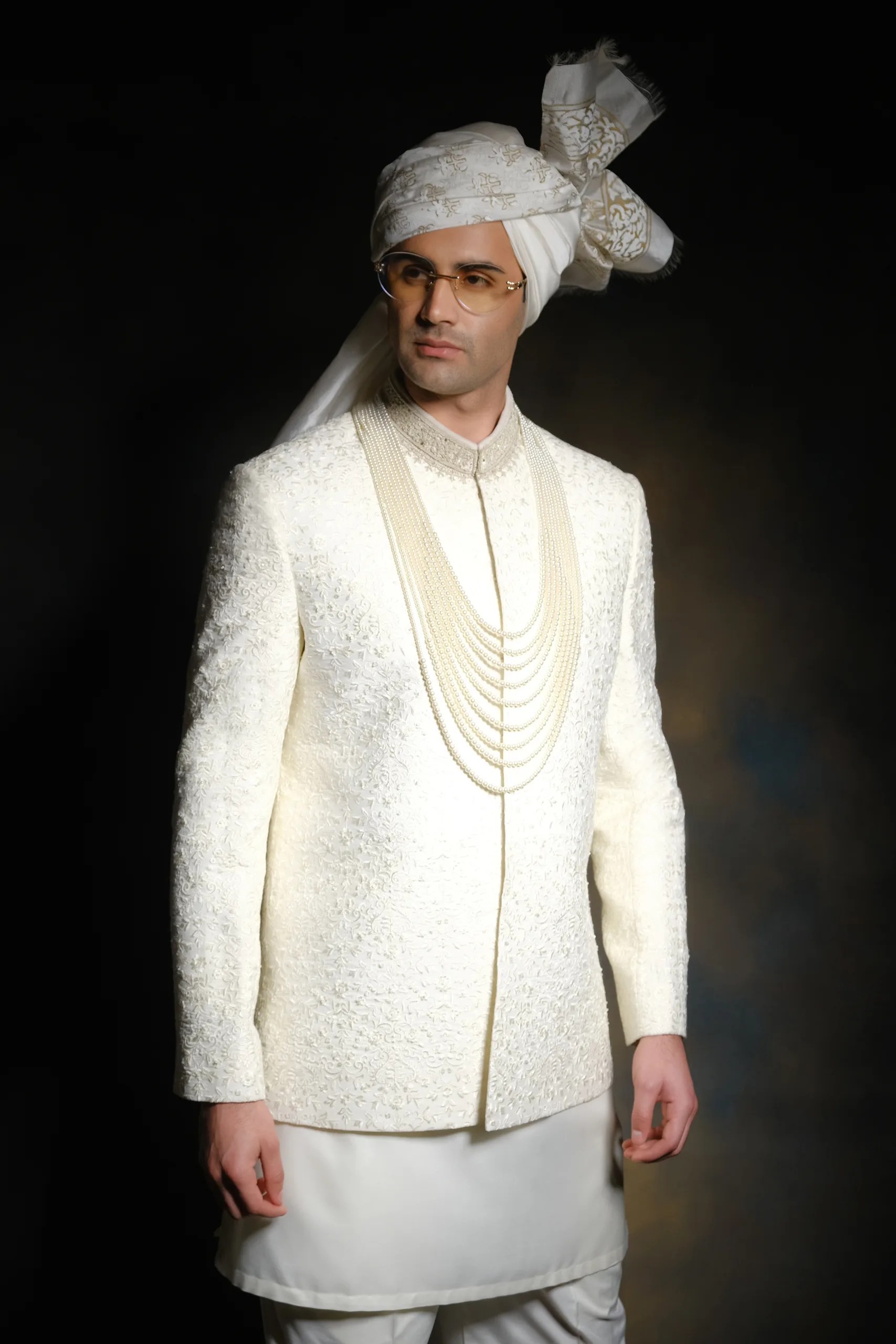 Off-White Hand-Embroidered Suiting Prince Coat (1-Pc) - Image 2