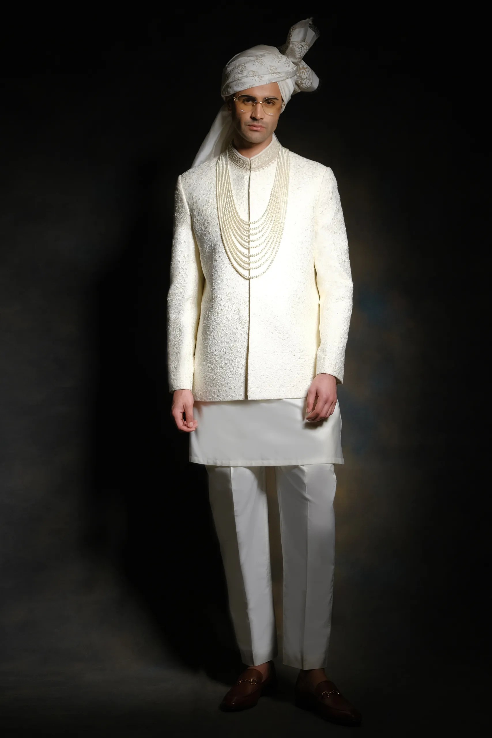 Off-White Hand-Embroidered Suiting Prince Coat (1-Pc) - Image 3