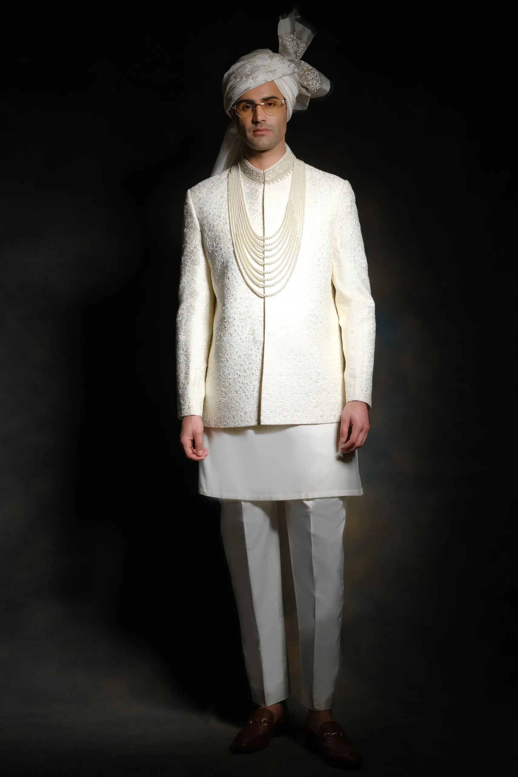 Off-White Hand-Embroidered Suiting Prince Coat (1-Pc) - Image 4