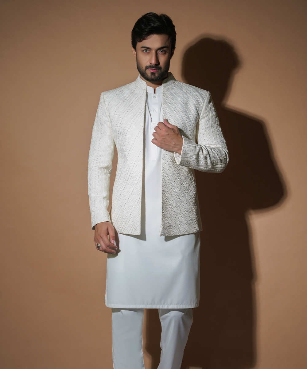 Off-White Resham & Sequin Prince Jacket Set (3-Piece) - Image 1