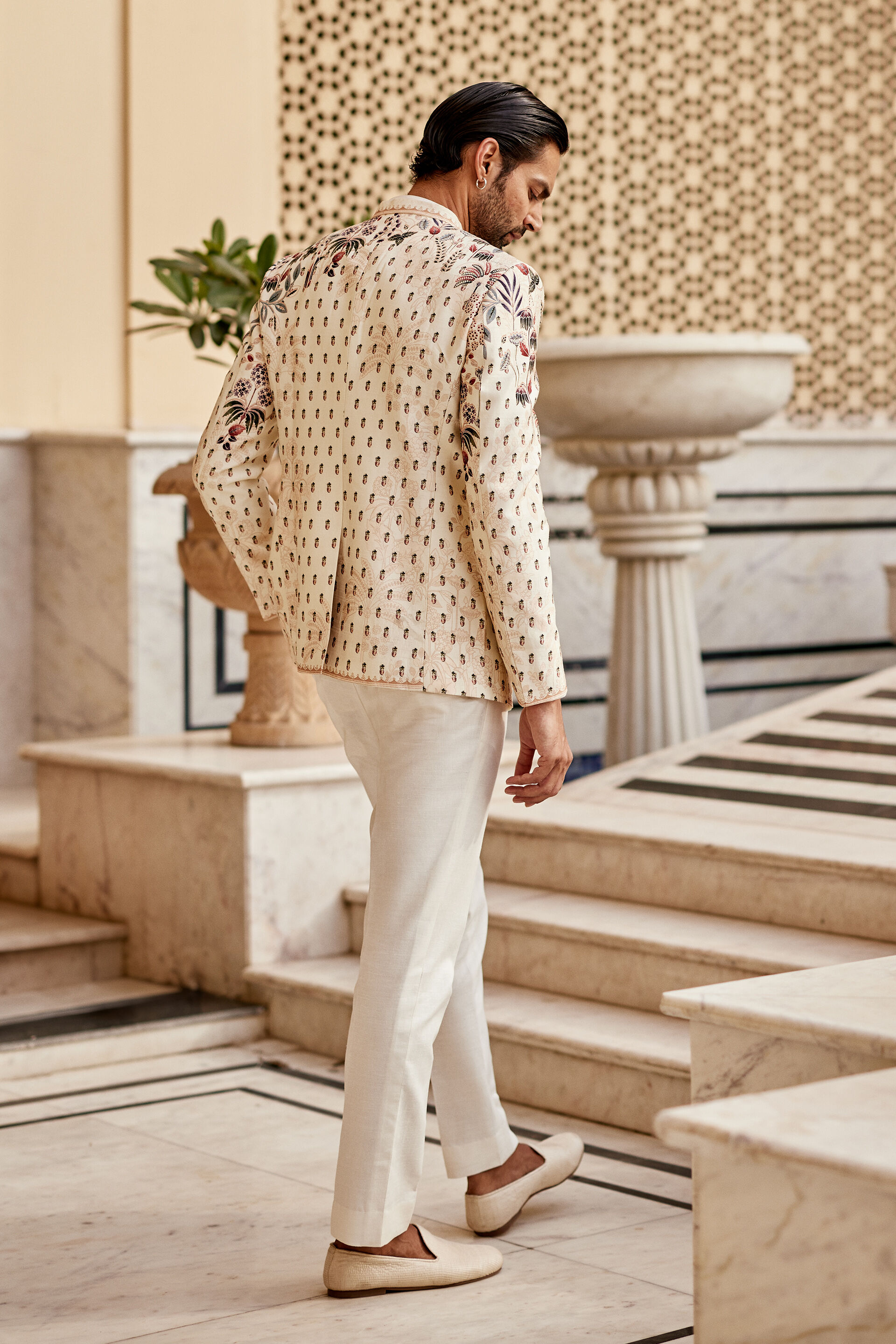 Ivory Botanical Print Viscose-Lyocell Prince Coat (2-Piece) - Image 2