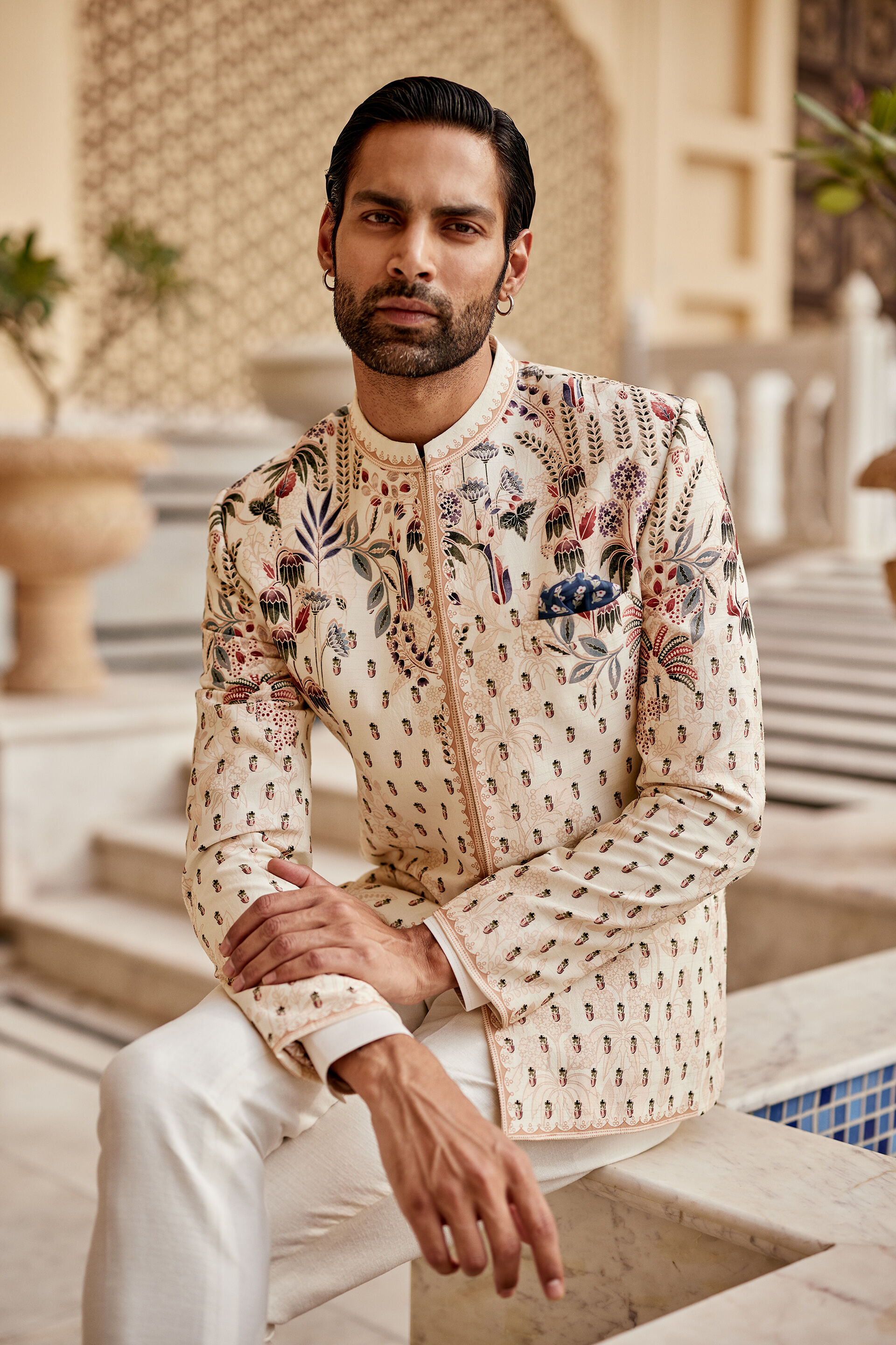 Ivory Botanical Print Viscose-Lyocell Prince Coat (2-Piece) - Image 3