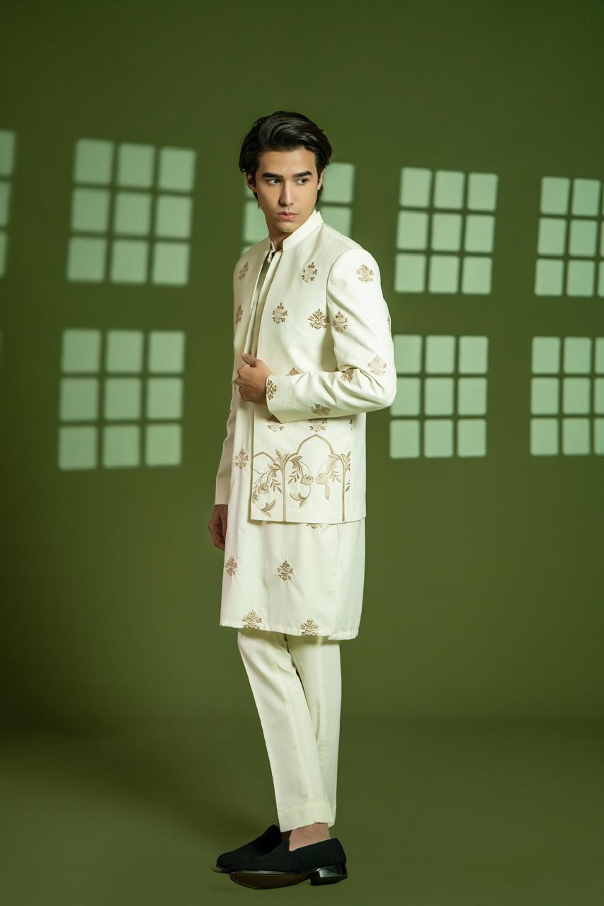 Cream Embroidered Wash-and-Wear Prince Coat (3-Piece) - Image 4