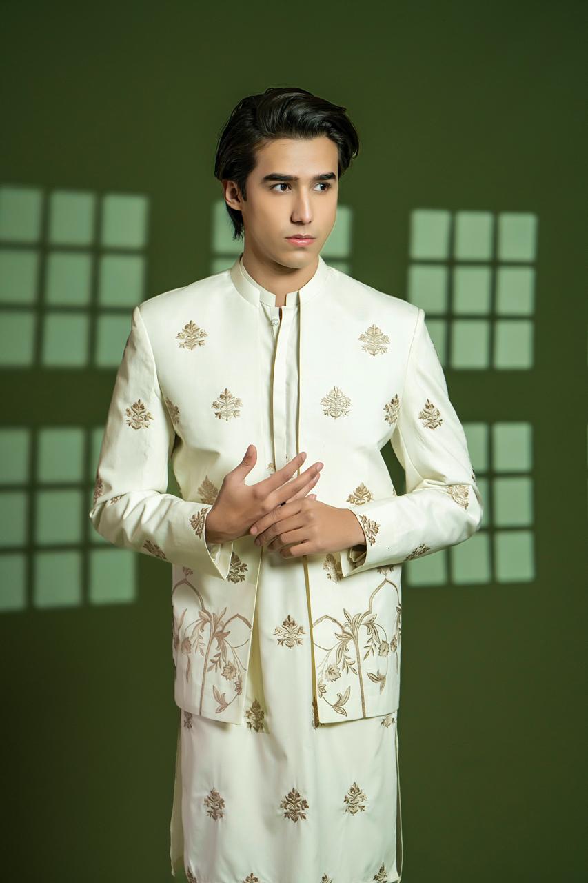 Cream Embroidered Wash-and-Wear Prince Coat (3-Piece) - Image 5