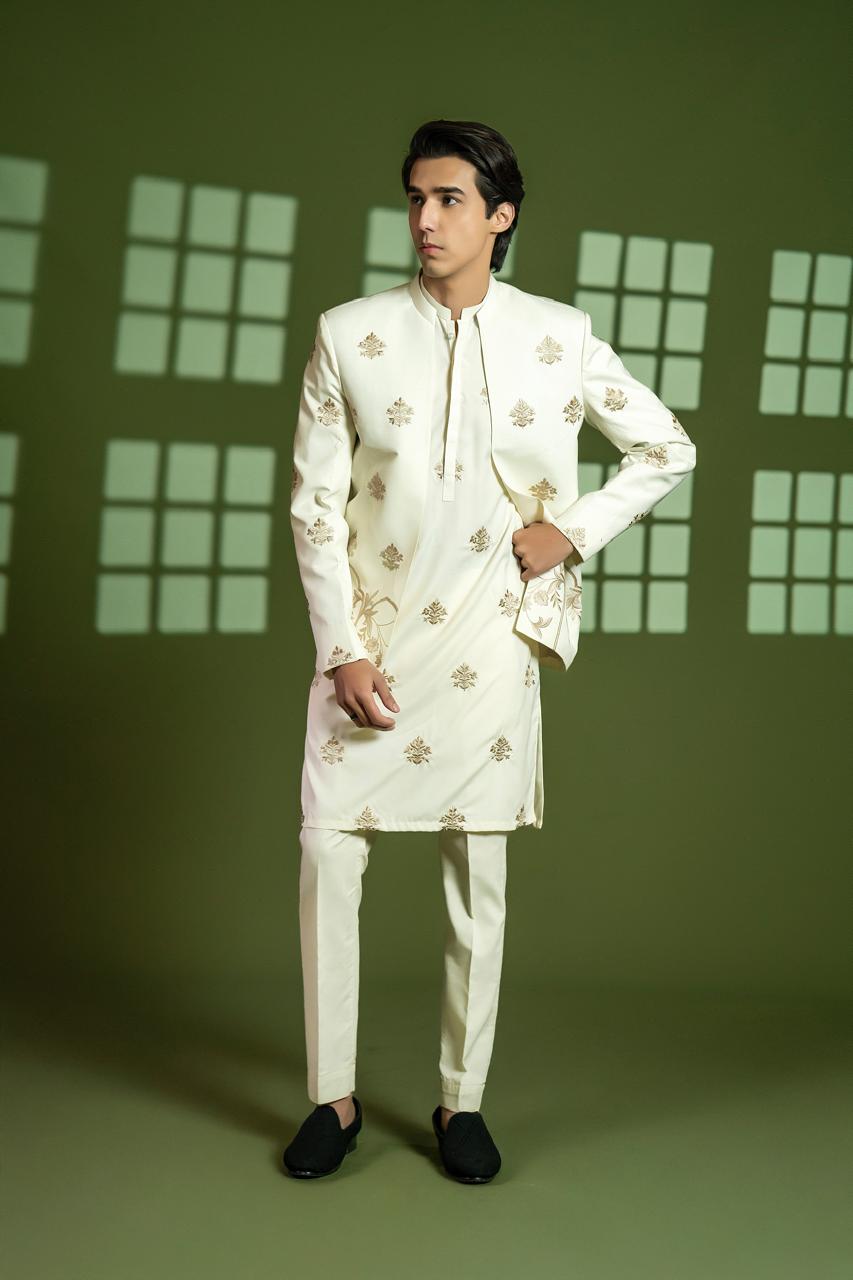Cream Embroidered Wash-and-Wear Prince Coat (3-Piece) - Image 1