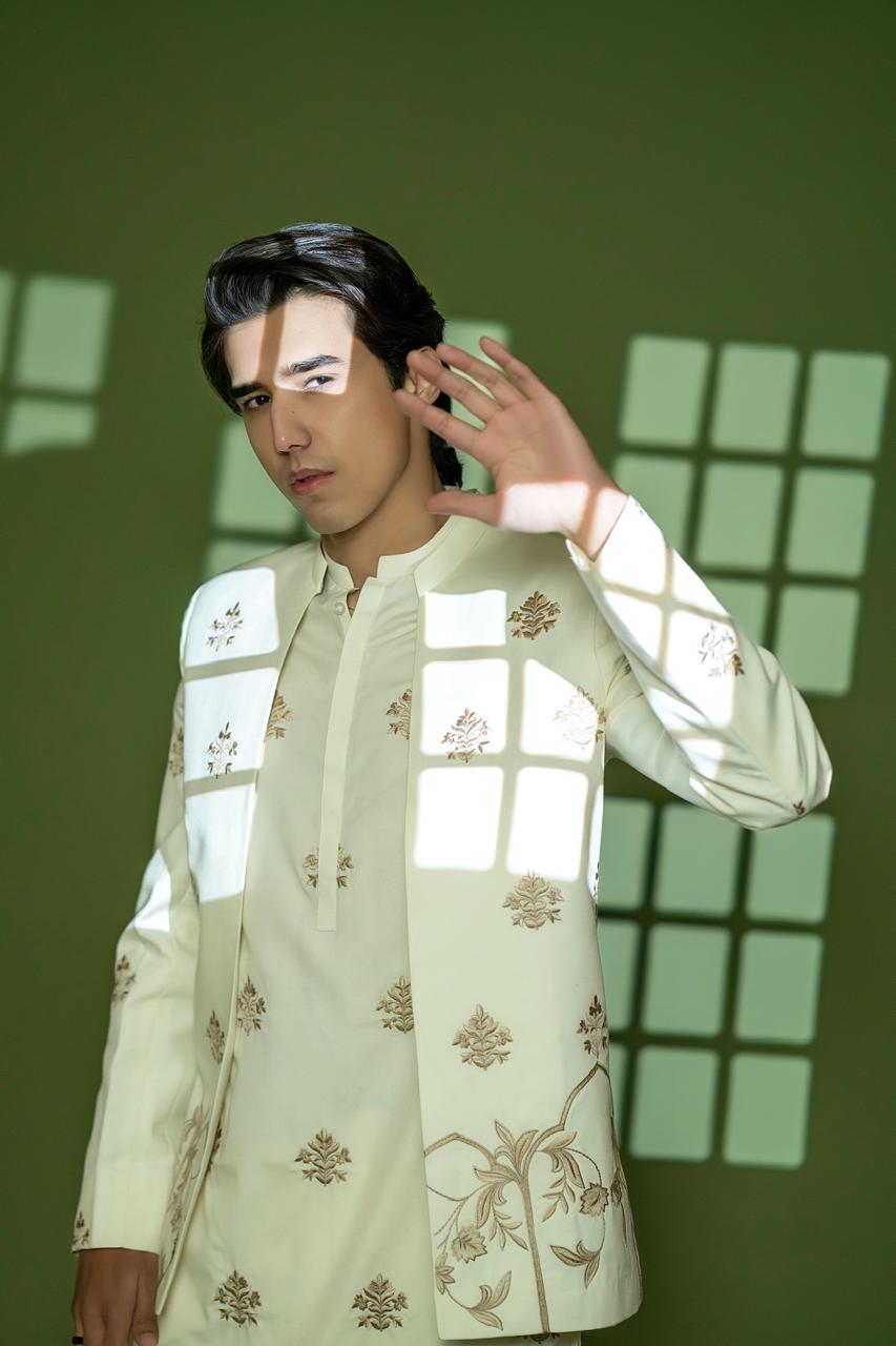 Cream Embroidered Wash-and-Wear Prince Coat (3-Piece) - Image 2