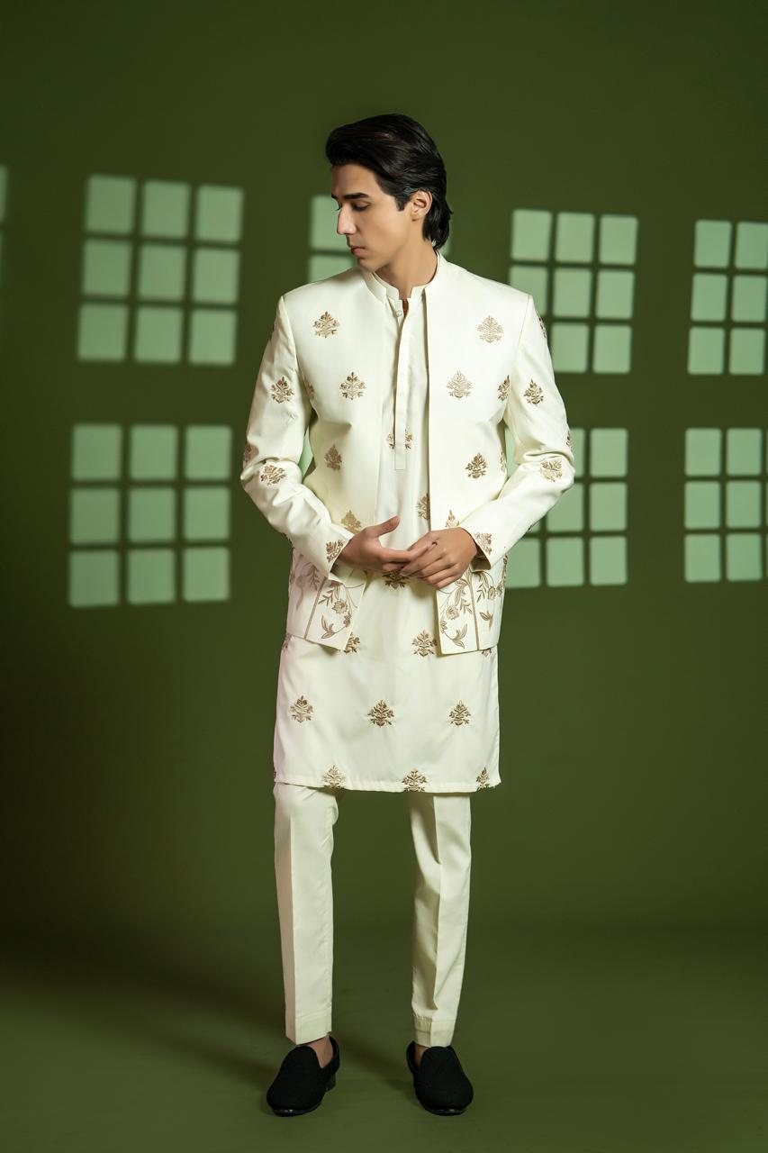 Cream Embroidered Wash-and-Wear Prince Coat (3-Piece) - Image 6