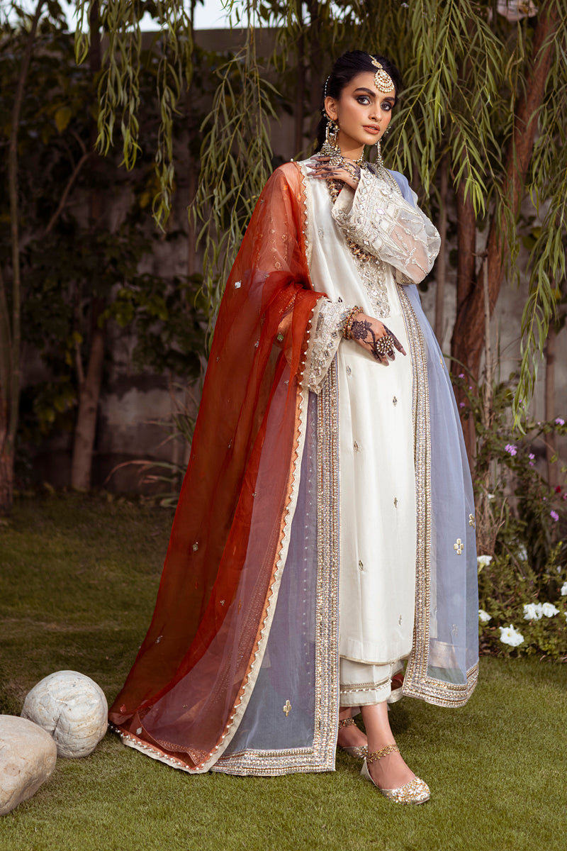 Pakistani Ivory Sheesha & Zardozi Bamber Raw Silk Kurta (3-Piece) - Image 1