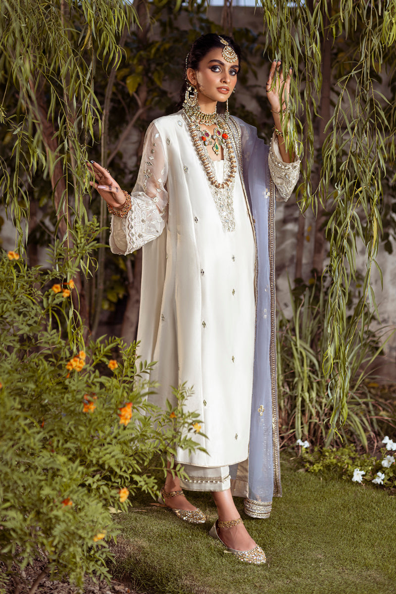 Pakistani Ivory Sheesha & Zardozi Bamber Raw Silk Kurta (3-Piece) - Image 4