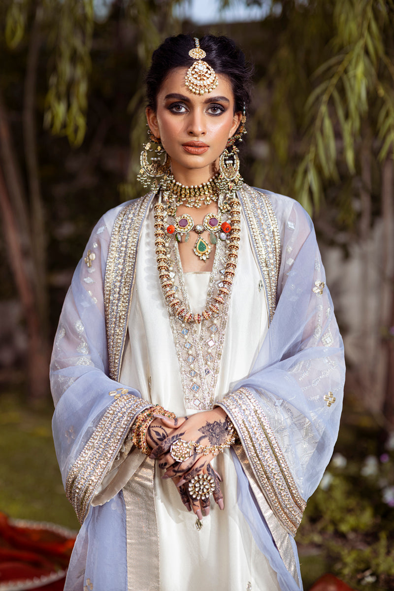 Pakistani Ivory Sheesha & Zardozi Bamber Raw Silk Kurta (3-Piece) - Image 5