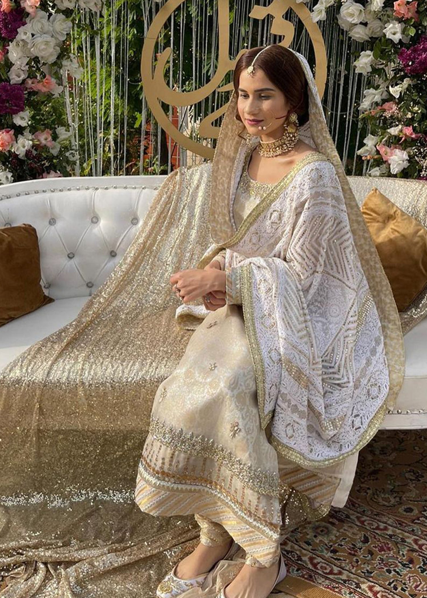 Ivory Gold Embroidered Brocade Bridal Shalwar Kameez (3-Piece) - Image 1