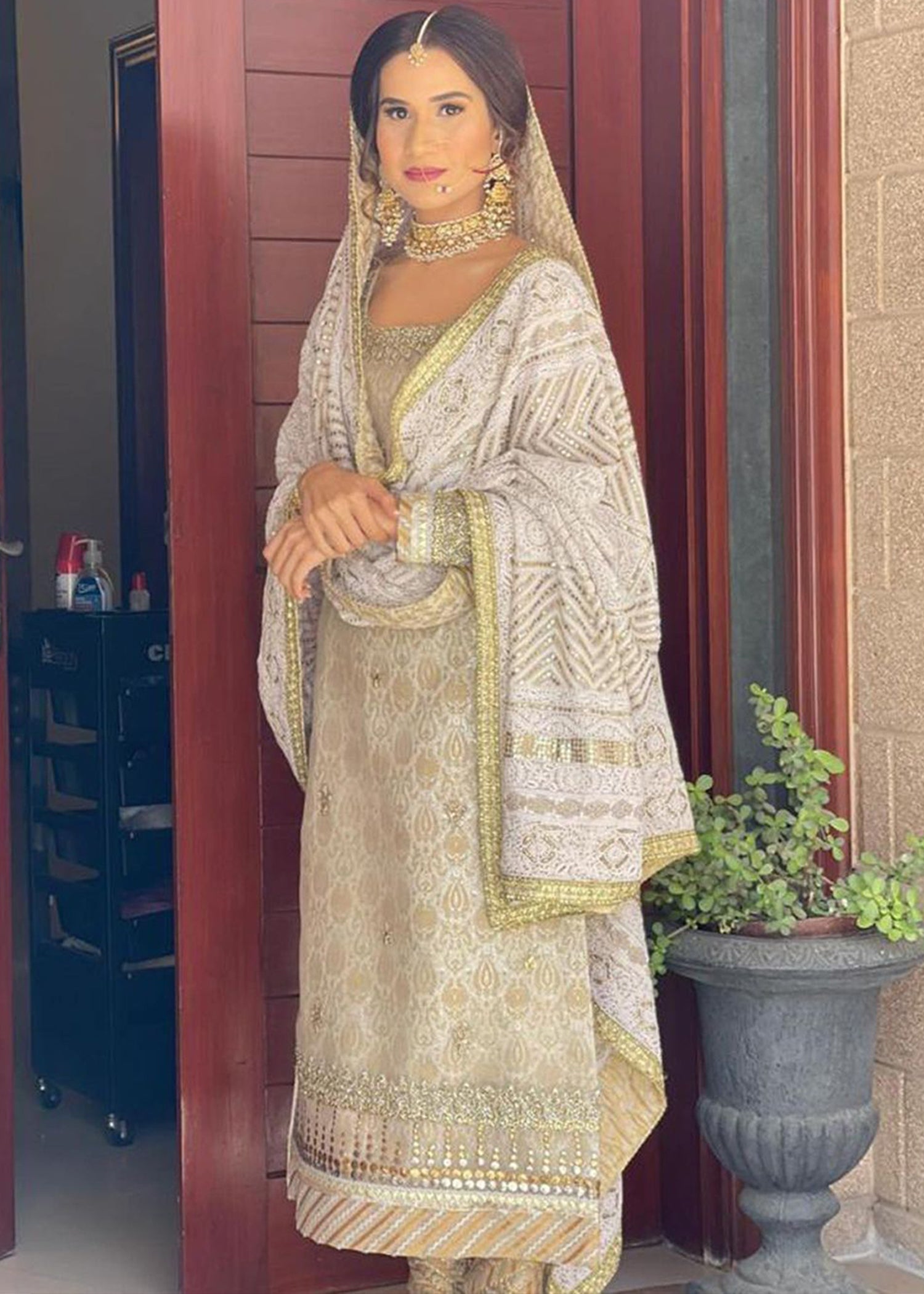 Ivory Gold Embroidered Brocade Bridal Shalwar Kameez (3-Piece) - Image 2