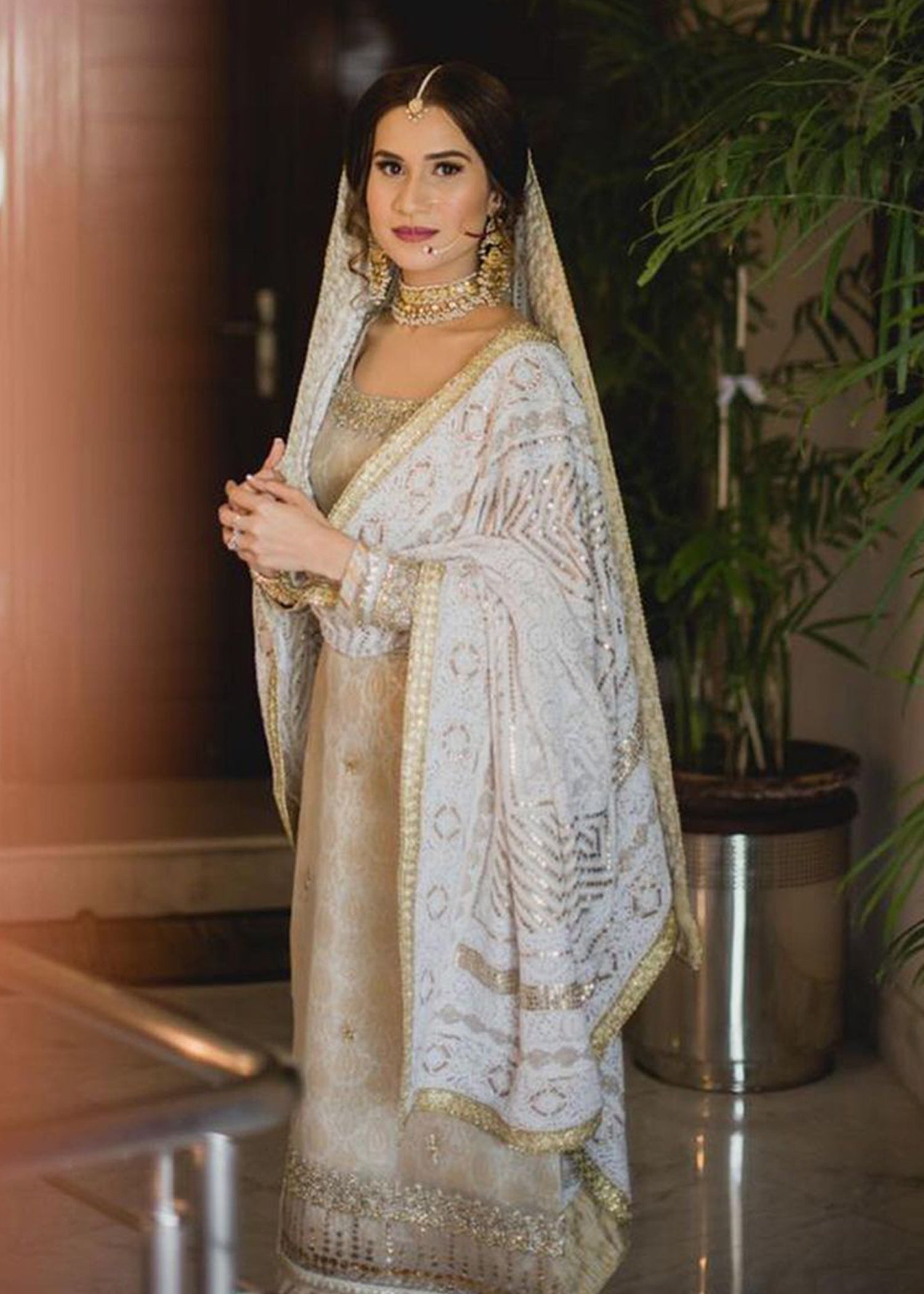 Ivory Gold Embroidered Brocade Bridal Shalwar Kameez (3-Piece) - Image 3