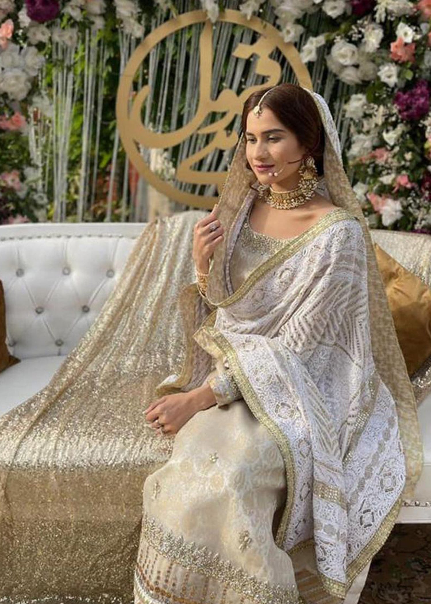 Ivory Gold Embroidered Brocade Bridal Shalwar Kameez (3-Piece) - Image 4