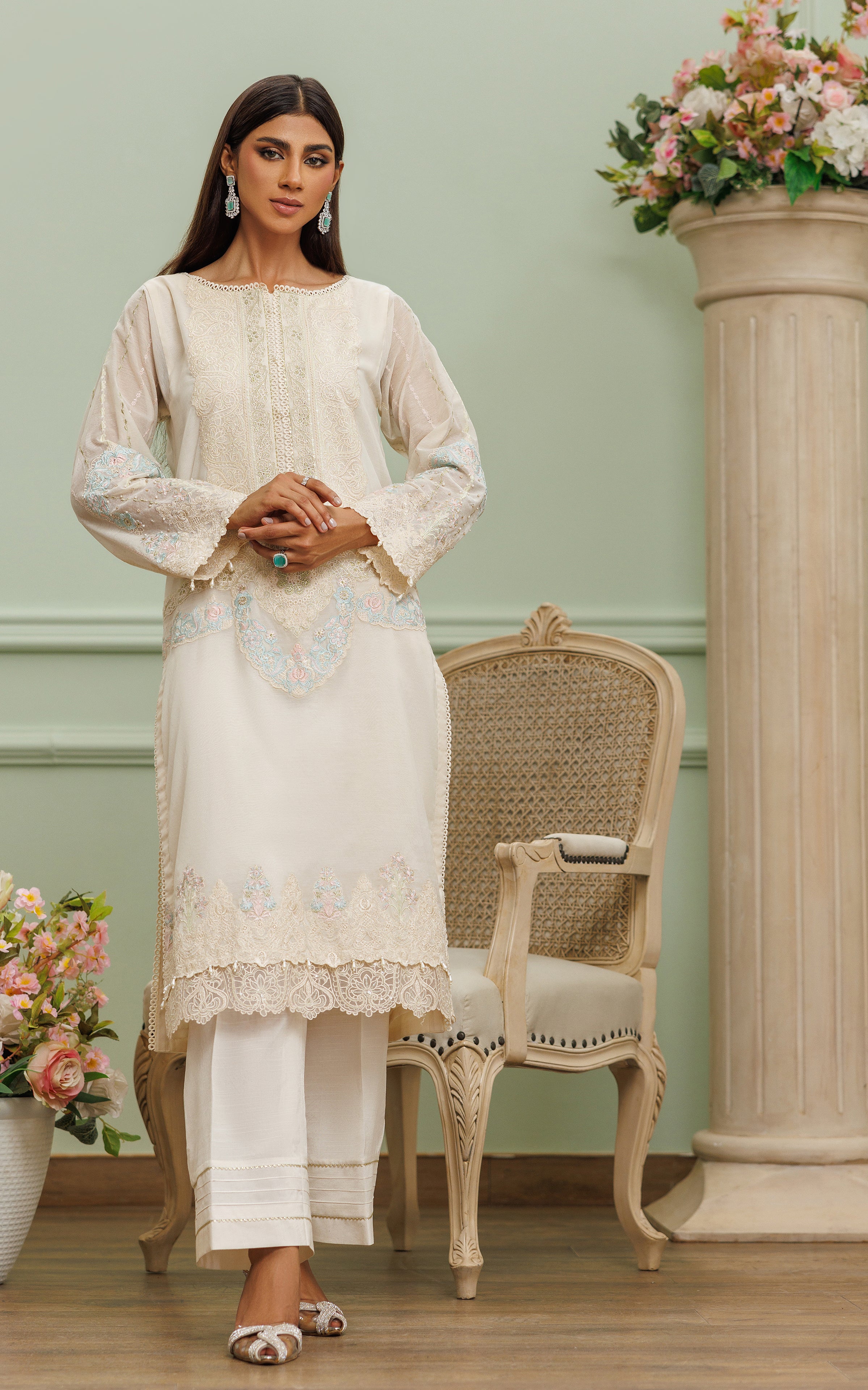 Ivory Embroidered Chanderi 2-Piece Suit - Image 1