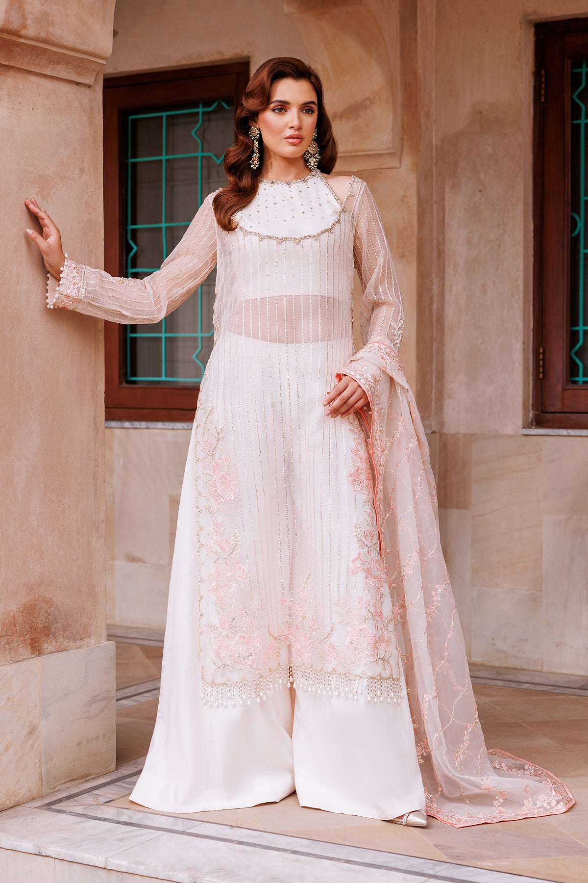 Pakistani Ivory Embroidered Charmeuse Silk & Organza Salwar Kameez (3-Piece) - Image 1