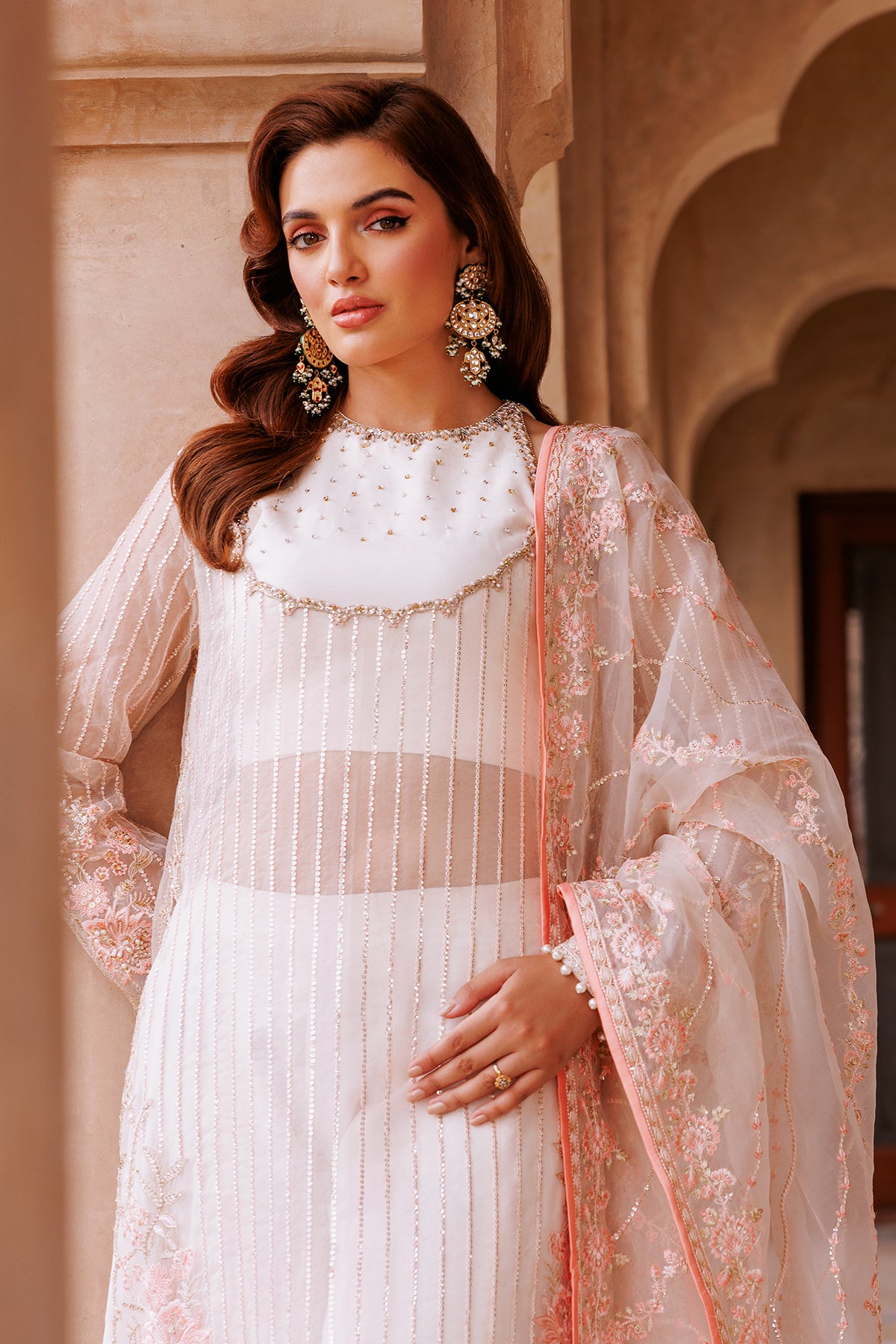 Pakistani Ivory Embroidered Charmeuse Silk & Organza Salwar Kameez (3-Piece) - Image 3