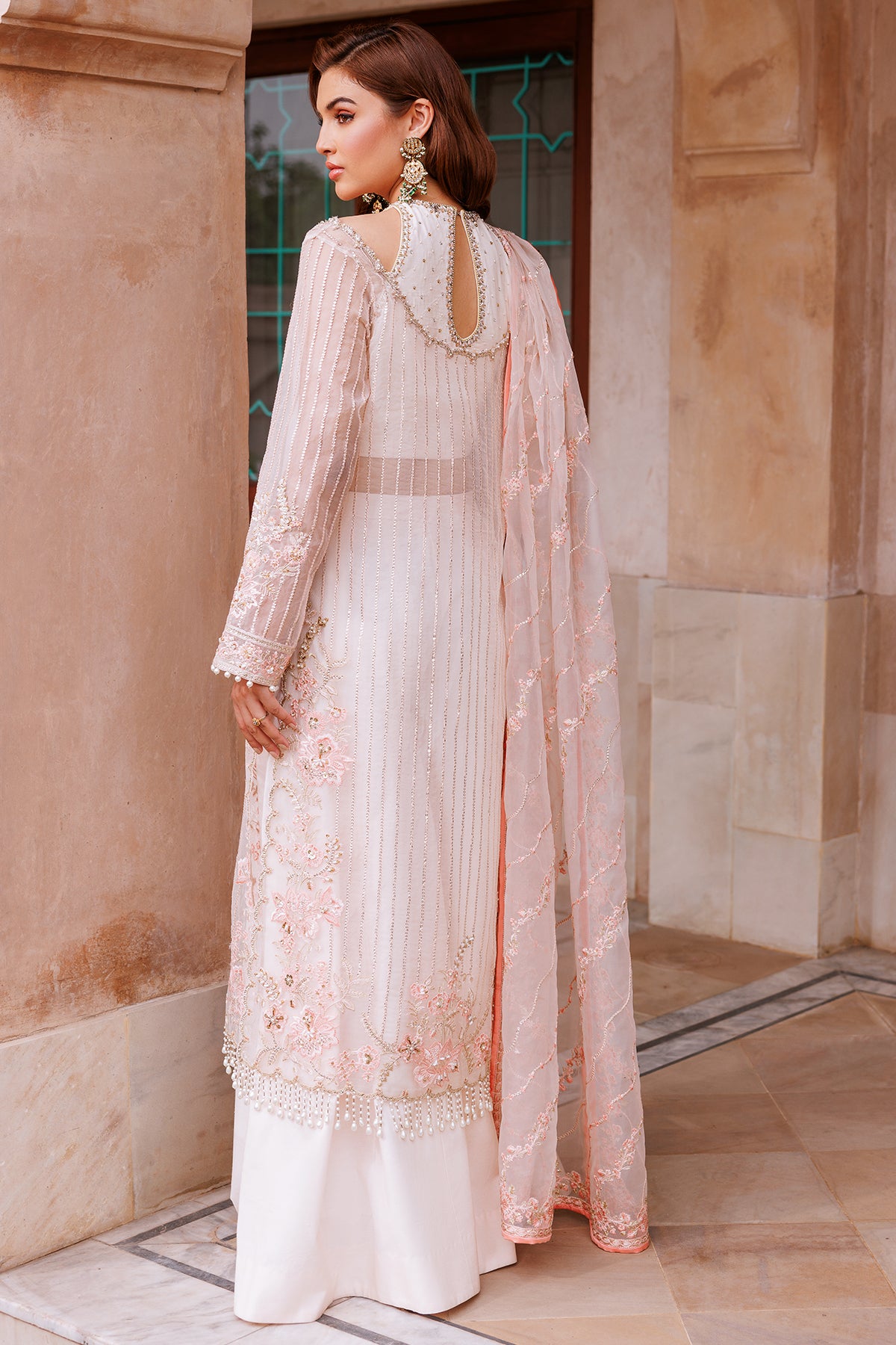 Pakistani Ivory Embroidered Charmeuse Silk & Organza Salwar Kameez (3-Piece) - Image 4