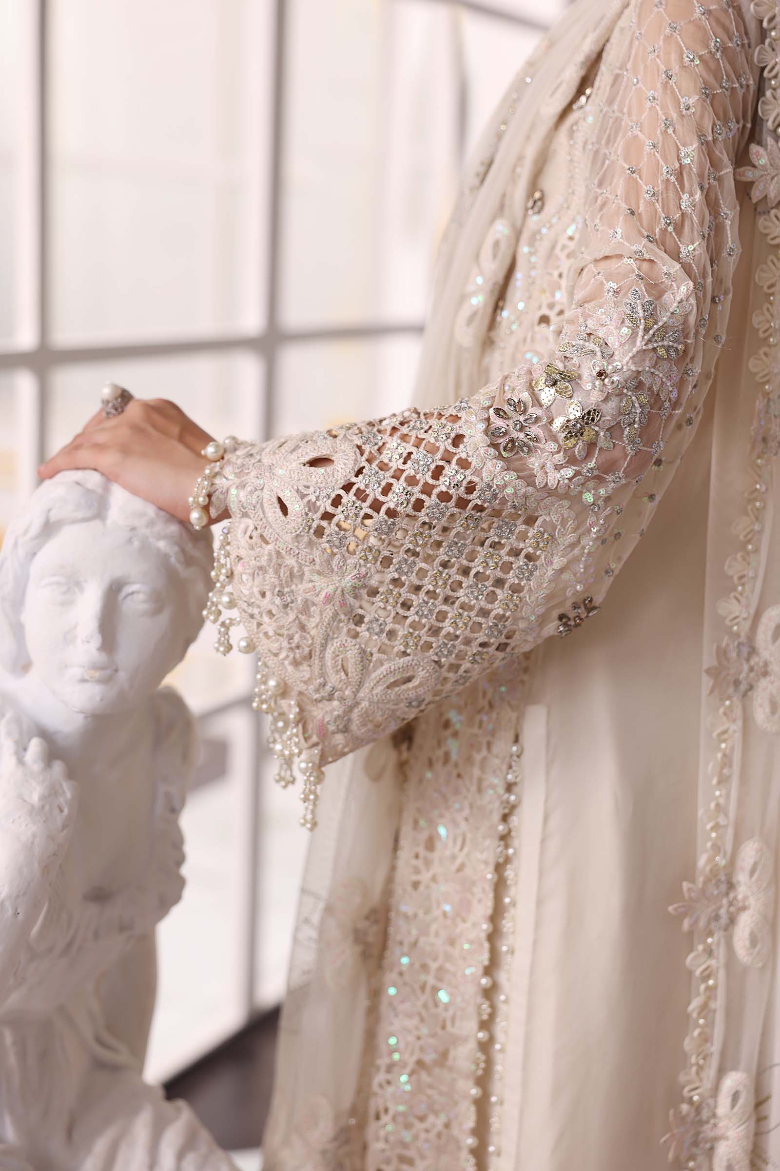 Off-White Embroidered Chiffon & Organza 3-Piece Suit - Image 10